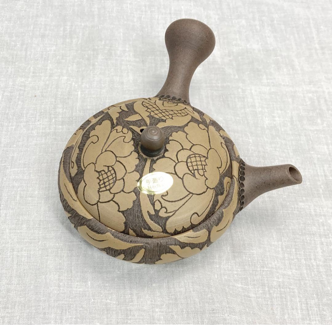 伝統工芸士：伊藤実（甚秋）作　一輪生　常滑焼 共箱・共布栞付き 高２５ｃｍ 常滑焼 美しい花柄の手作り急須 甚秋陶苑(伊藤成二)作 新品・未
