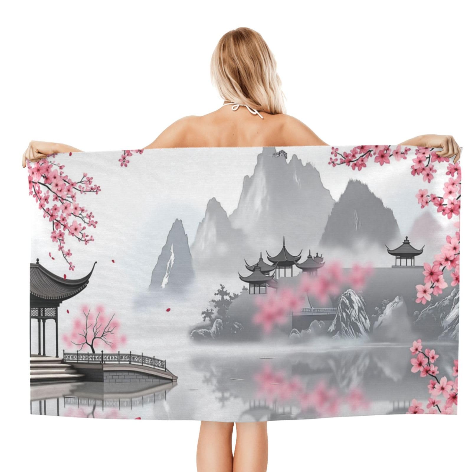 Anceky Beach Towel for Women, Cherry Blossom Pavilion Sand-Free Microfiber Ultra Soft Lightweight Bath Towels for Outdoor Bathroom Swimming 32"X52"