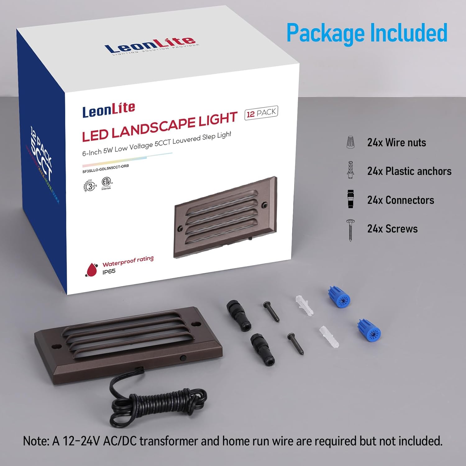 LEONLITE 12-Pack 5CCT Low Voltage LED Step Lights, 5W 12–24V AC/DC Horizontal Louvered Stair Lights Outdoor, IP65 Waterproof, ETL, 1800K/2700K/3000K/4000K/5000K, Aluminum, Oil Rubbed Bronze