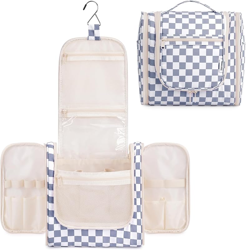 Necessaire de viagem suspensa Narwey com compartimentos e gancho, padrão xadrez C-Grayish Blue Checkerboard