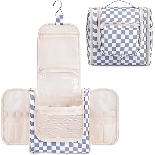 Narwey Checked Hanging Travel Toiletry Bag for Women, Travel Bag for Toiletries, Makeup Bag Organizer Cosmetic Bags Make Up Bags for Women (Grayish Blue Checkerboard)