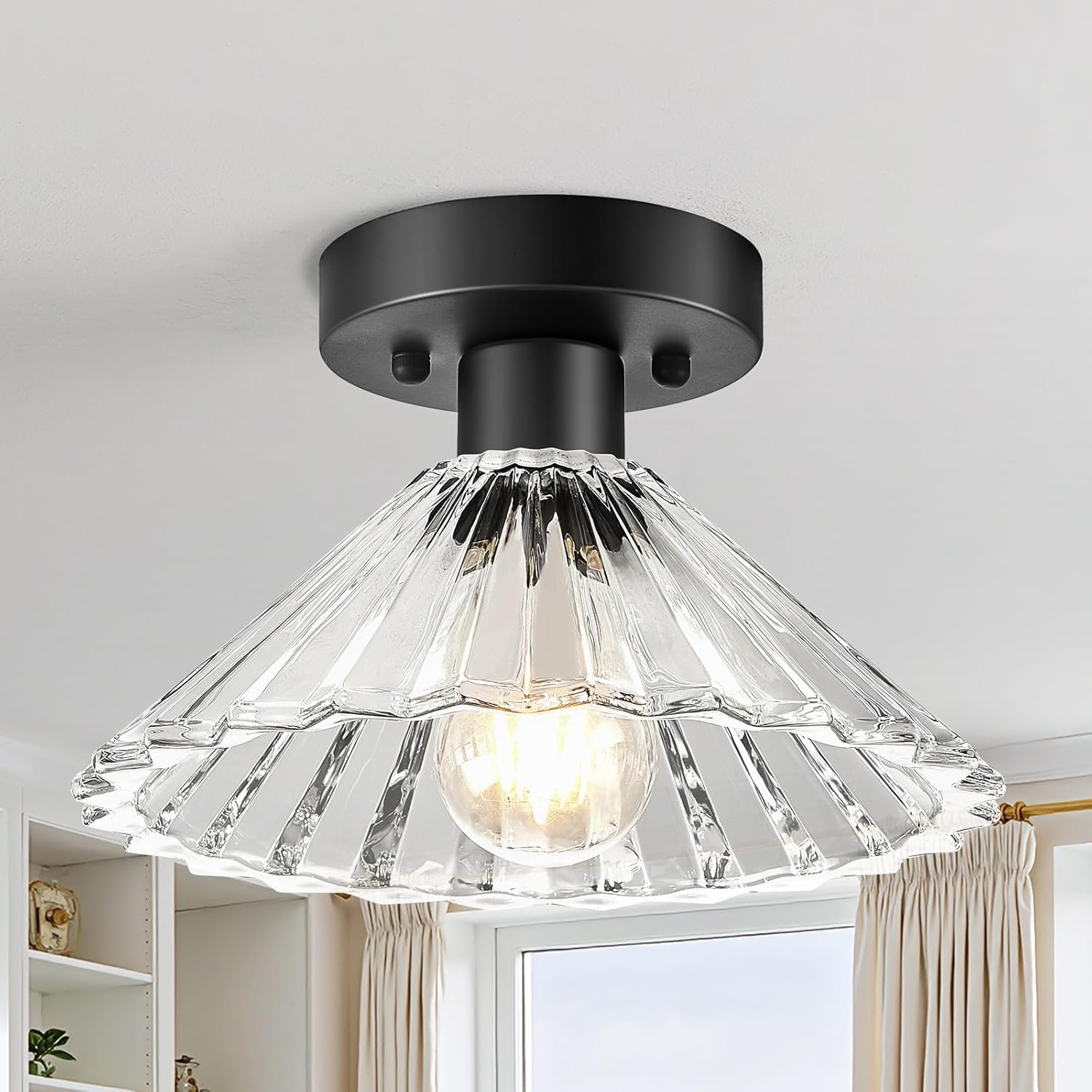 2 Pack Black Modern Ceiling Light, Small Kitchen Light Fixtures, Glass Semi Flush Mount Ceiling Light for Hallway, Foyer, Entryway, Laundry Room (7 in)