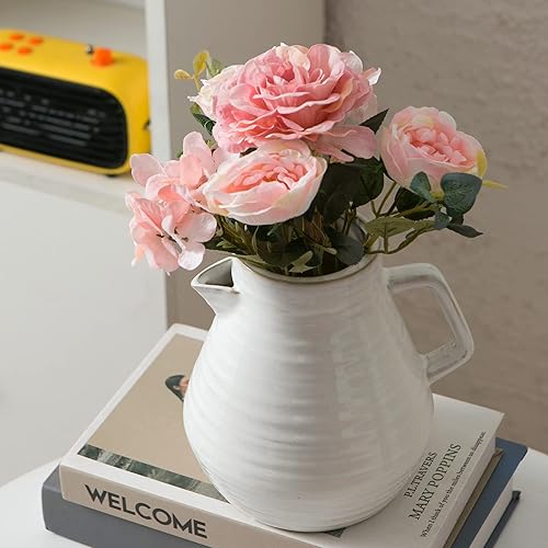 Miniatura 3 de WANYA Jarrón de cerámica blanca para decoración del hogar, jarrón grande de cerámica para flor, jarrón texturizado de granja, jarra de leche rústica