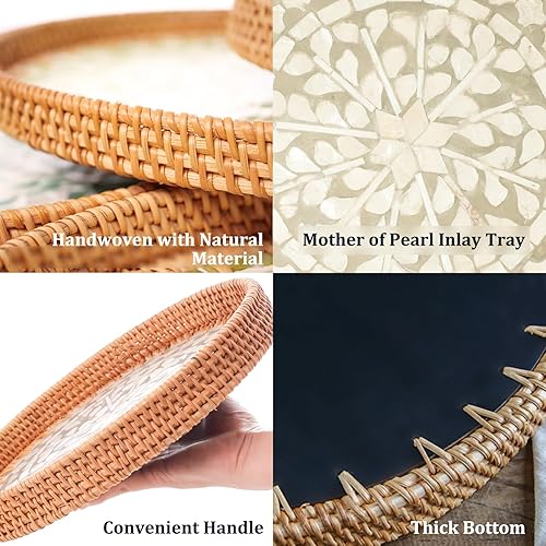 Miniatura 6 de Bandeja de ratán de 11.8 pulgadas con base de madera con incrustaciones de nácar  Bandeja redonda de mimbre tejida  Bandeja de mesa auxiliar para