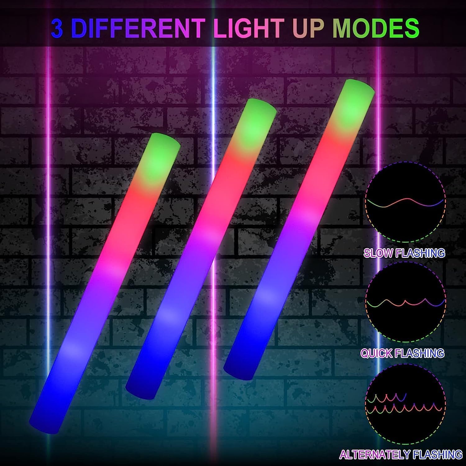 102 Palos de Espuma Luminosos LED, Barras Luminosas, Varillas de espuma LED que brillan a granel, suministros de fiesta que brillan en la oscuridad con 3 modos de parpadeo colorido