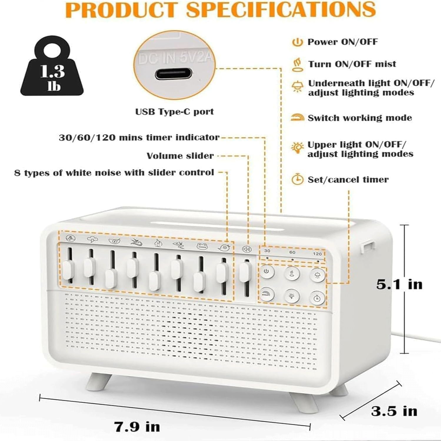 Biały szum nocny nawilżacz powietrza,głośnik Bluetooth Sound Machine do snu,olejowy aromaterapeutyczny dyfuzor płomienia nawilżacz powietrza,8 grup dźwięków natury i pojemność zbiornika na wodę 200 ml