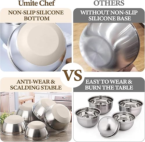 Miniatura 4 de Umite Chef Juego de tazones para mezclar con tapas herméticas, 8 cuencos de acero inoxidable caqui con accesorios para rallador, cuencos de cocina