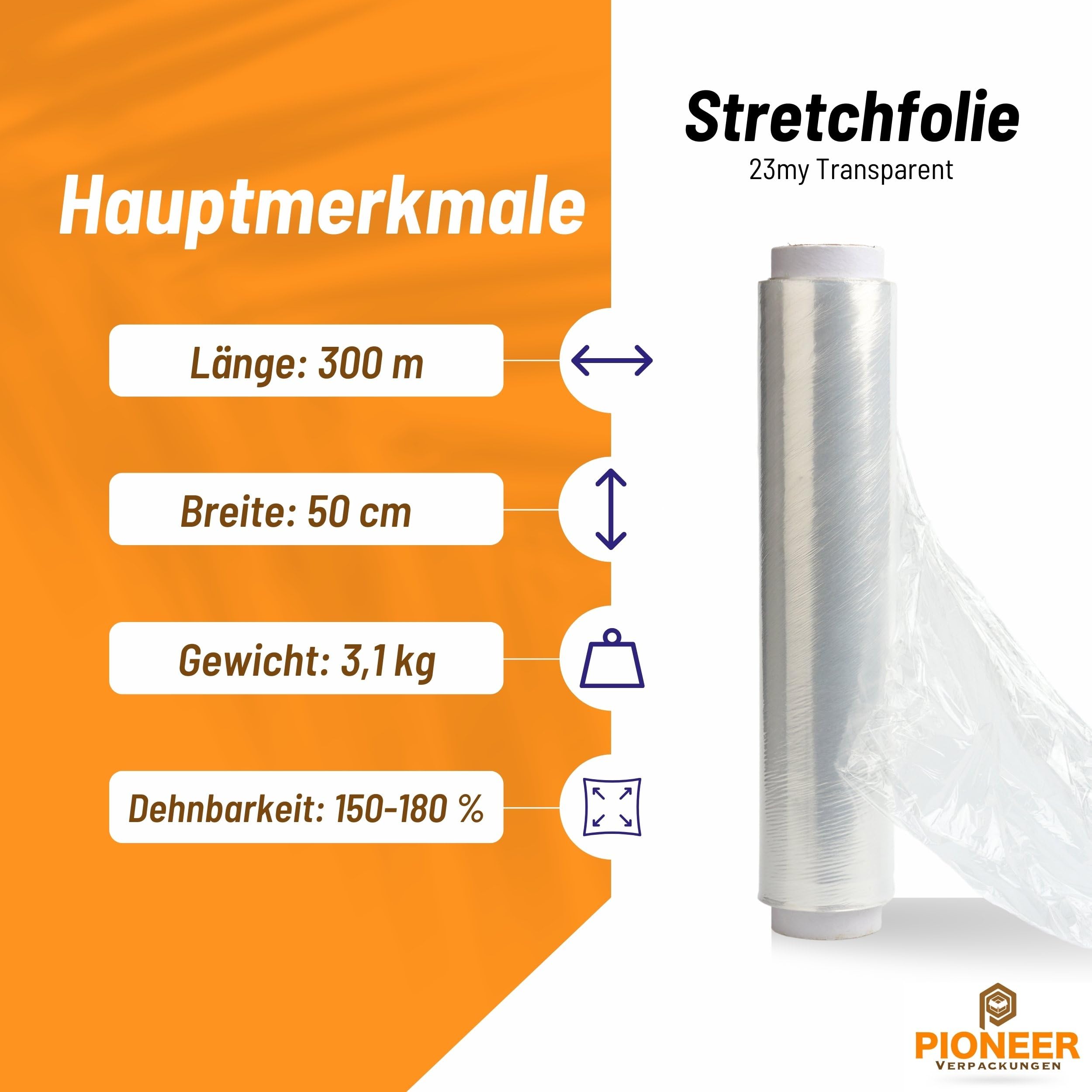 Stretchfolie Transparent 17 20 23 my | Wickelfolie 150m - 300m 50cm 1,5-3,1 kg | Handstretchfolie für paletten, möbel, koffer, verpackung, Umzugsfolie | aus Rolle (6, 23my 300m)