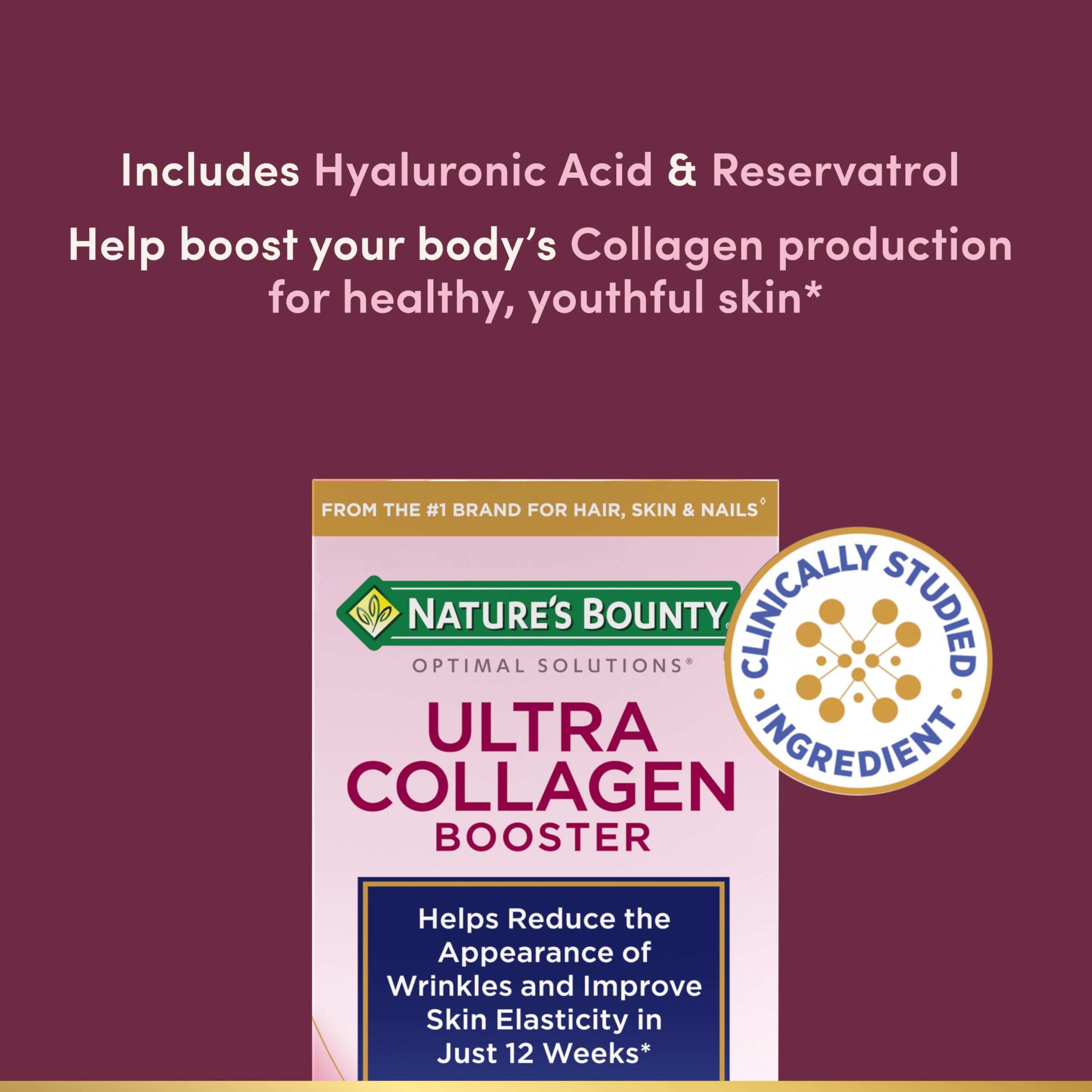 Nature's Bounty Optimal Solutions Ultra Collagen Booster for Healthy-Aging, Collagen Supplement, Resveratrol, Hyaluronic Acid – Collagen Capsules for Women, 48 Capsules
