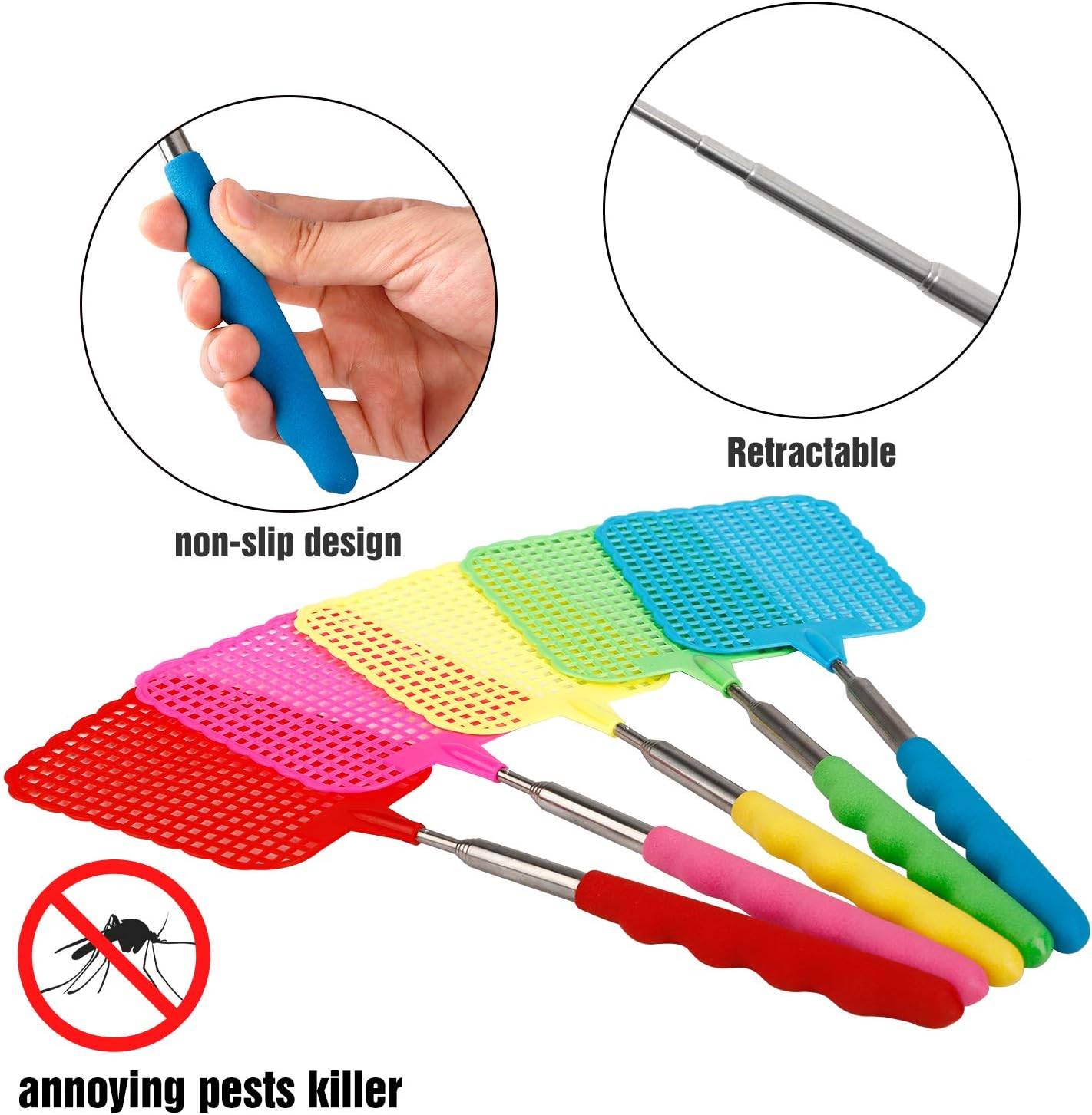 STUHAD 10 Pack Retractable Fly Swatters, with Extended Handles, Durable Retractable Handles, Fly Swatter Heavy Duty Set, Light Weight, for Home, Classroom and Office, 5 Colors