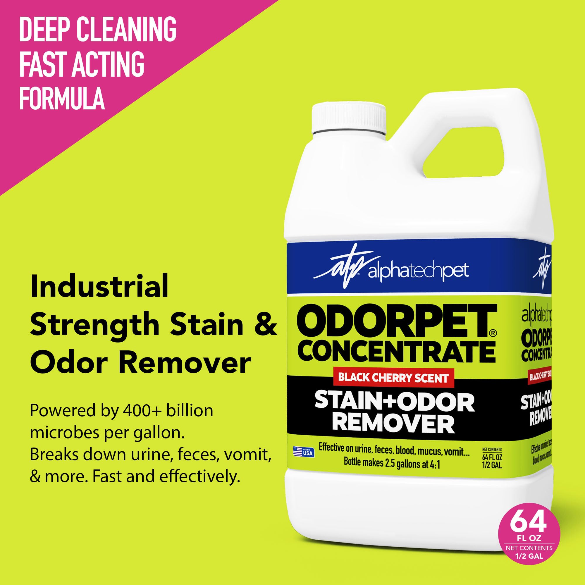 OdorPet Alpha Tech Pet - Eliminador Concentrado de Manchas y olores, 64 onzas (Hace 2.55 galones de solución de Trabajo), eliminador de olores de Mascotas con Aroma a Cereza Negra para alfombras,