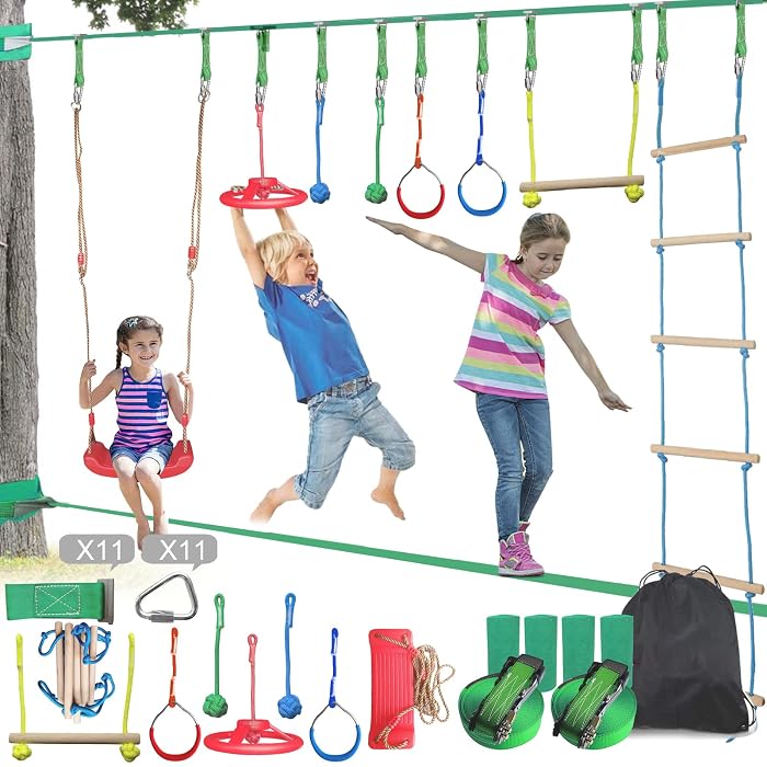 SereneLife Ninja Warrior Slack Line Obstacle Course – Outdoor Play Set With Rope Ladder & Climbing Attachments For Kids