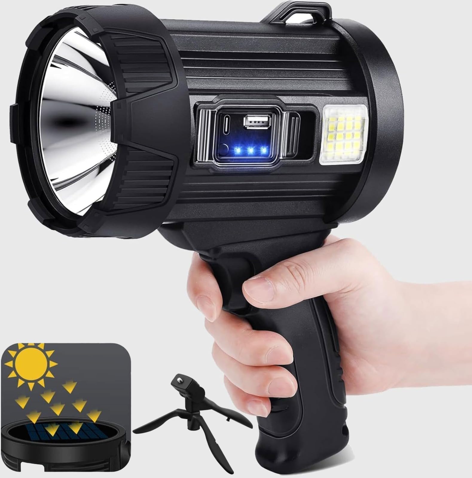 Faretto a LED ricaricabile a energia solare, super luminoso, 100000 lumen, torcia impermeabile con treppiede, 6 modalità e 3 filtri colorati, torcia portatile a lunga distanza per caccia, pesca