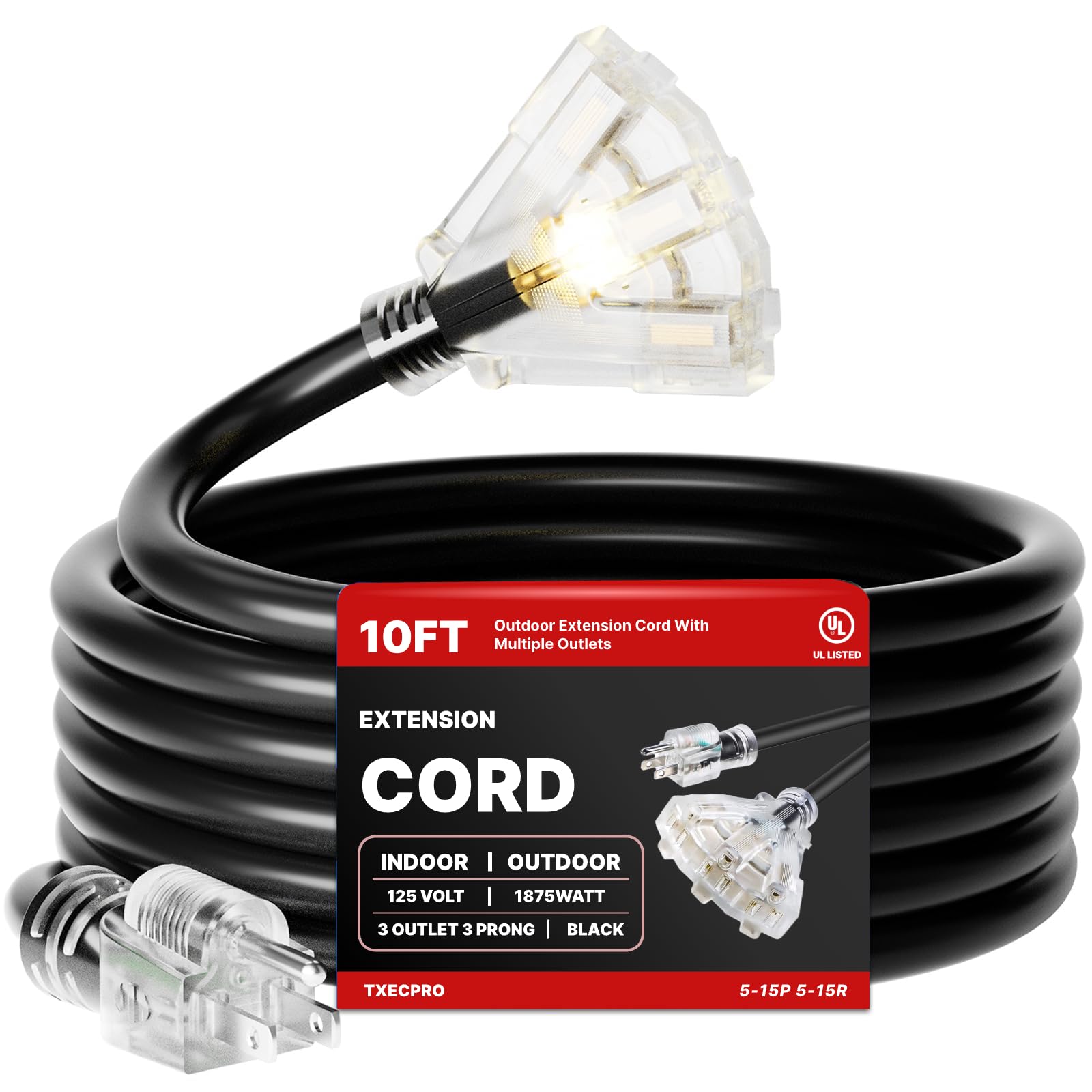 Photo 1 of 10 FT 10/3 Gauge Outdoor Extension Cord with Multiple Outlets Light Indicator, Flexible 3 Outlet Weatherproof Heavy Duty Extension Cord Waterproof, 15A 1875W 10AWG SJTW, UL Listed