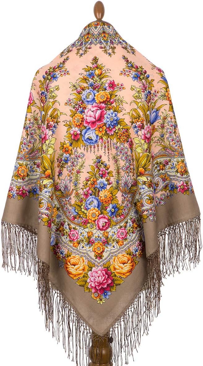 Pavlovo Posad Russian Shawl Soft Italian 100% Wool 135x135 cm 53x53" Pashmina Scarf Silk Tassels Wrap 1739-17 VB
