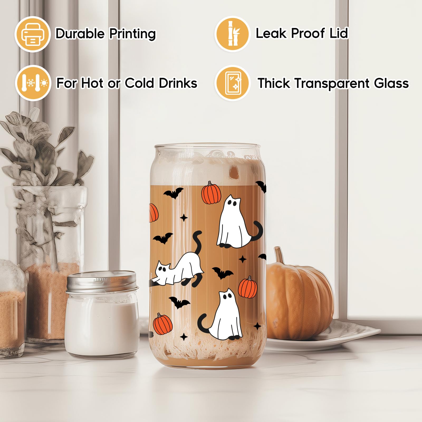 ANOTION Tasses D'Halloween, Verre De Canette Bière D'Halloween 591 Ml Avec Couvercle Et Paille - Tasse à Café Décoration Pot Biscuits Cadeau Bouteilles D'eau Potable Décorations D'intérieur