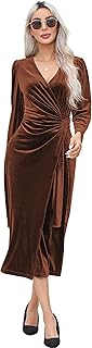 Womens Velvet V Neck Wrap Dress Fall Winter Long Sleeve Waist Ruched Ela...