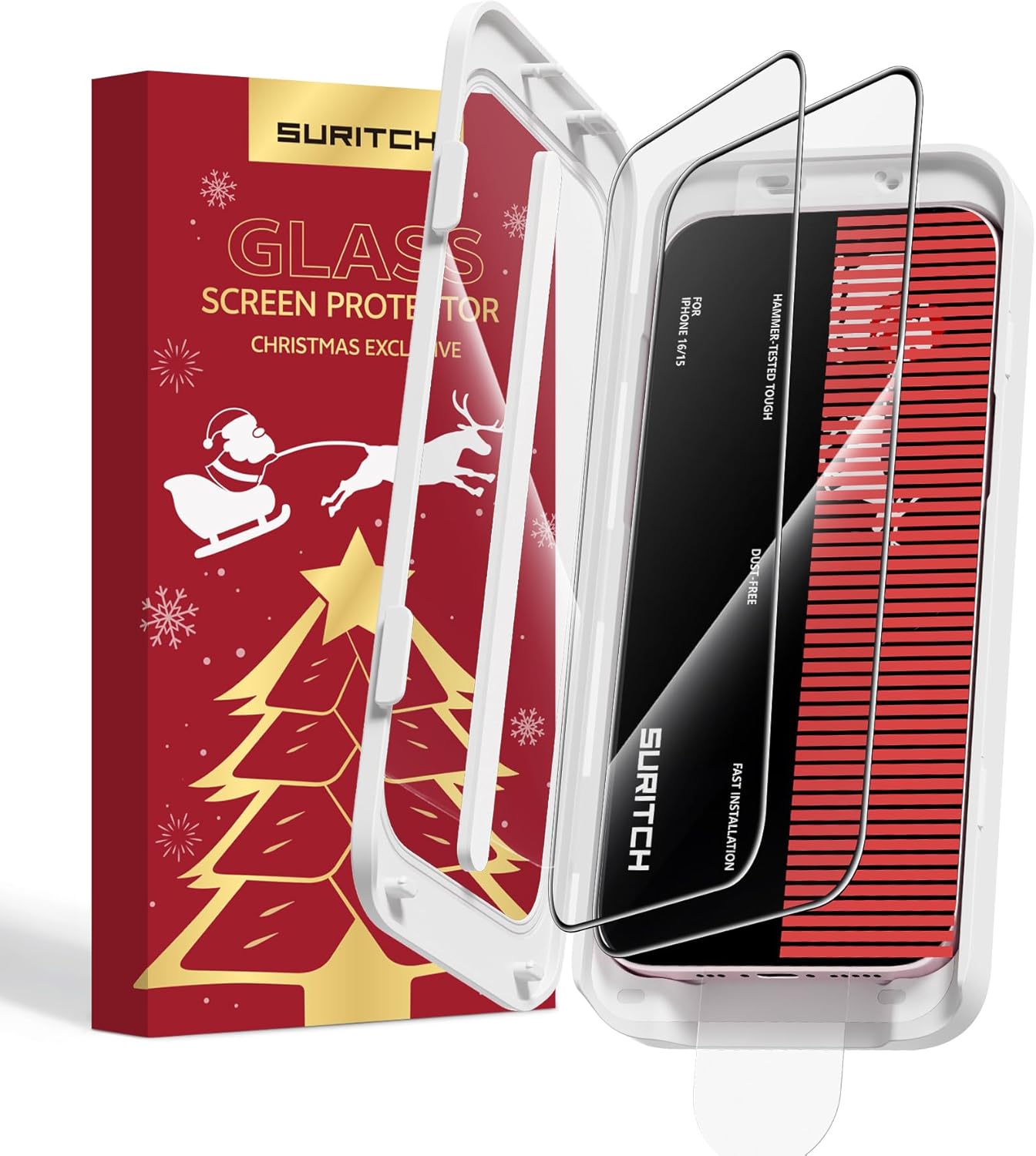 SURITCH 2-Pack for iPhone 16/ iPhone 15 Tempered Glass Screen Protector, 9H+ Hardness, Fingerprint Resistant, Military-grade Shatterproof Tempered Glass Film with Installation Tool for Christmas SURITCH 2-Pack for iPhone 16/ iPhone 15 Tempered Glass Screen Protector, 9H+ Hardness, Fingerprint Resistant, Military-grade Shatterproof Tempered Glass Film with Installation Tool for Christmas