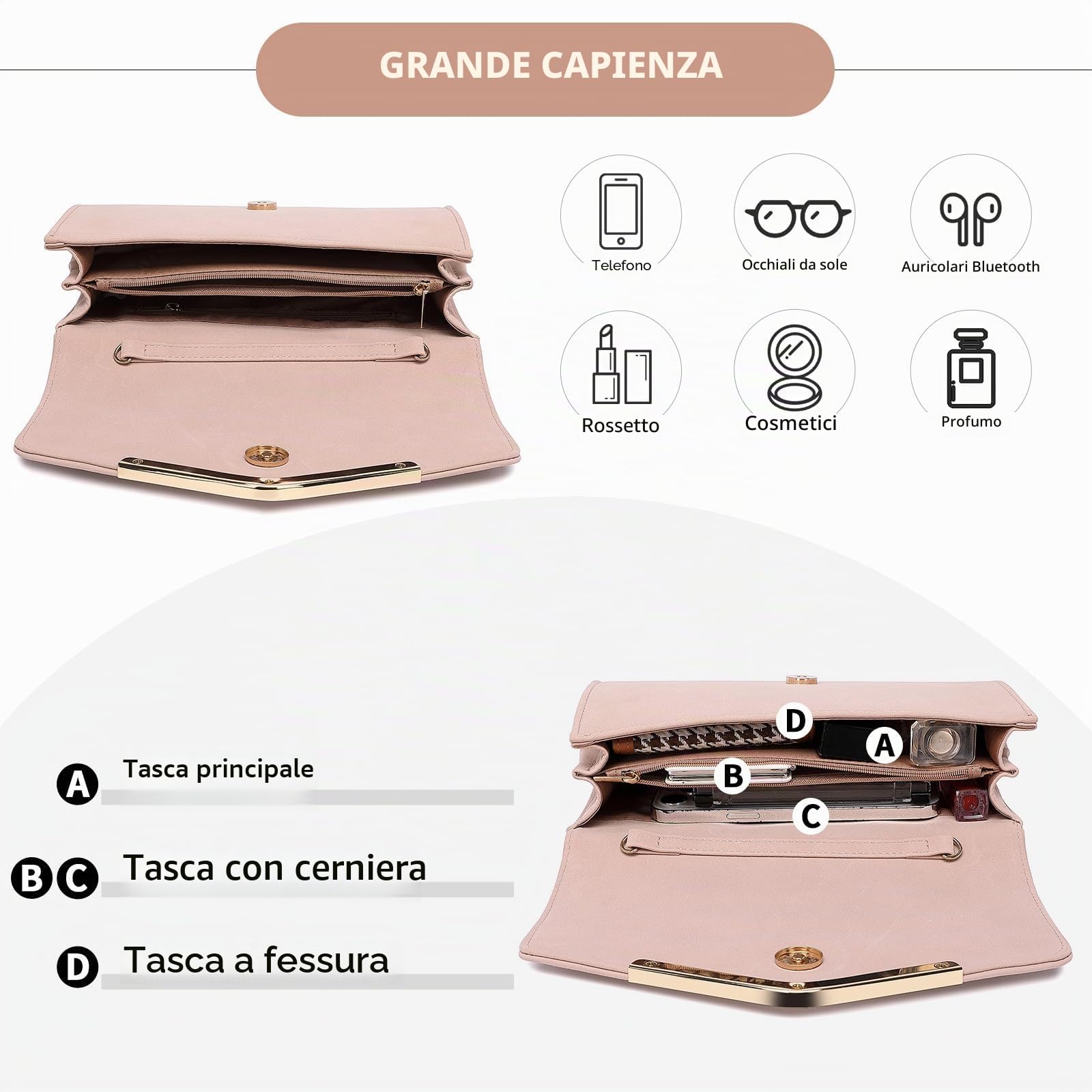 Miss Lulu Pochette da donna, borsa da sera o da matrimonio, borsa a tracolla con tracolla staccabile, rosa, M, Rétro