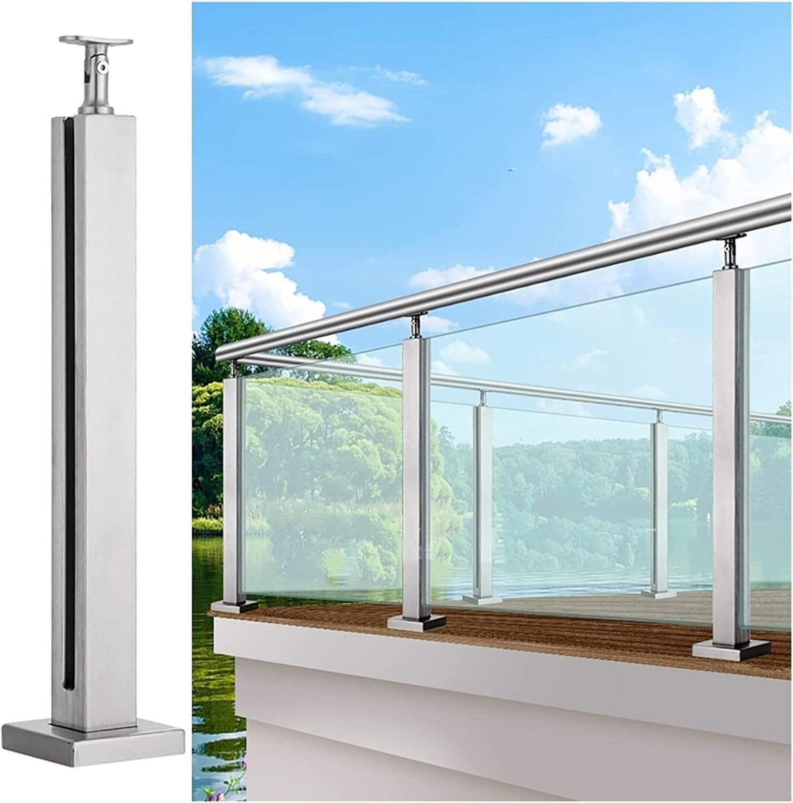 Poteau garde-corps verre inox carré 65-105 cm à connecteur flexible