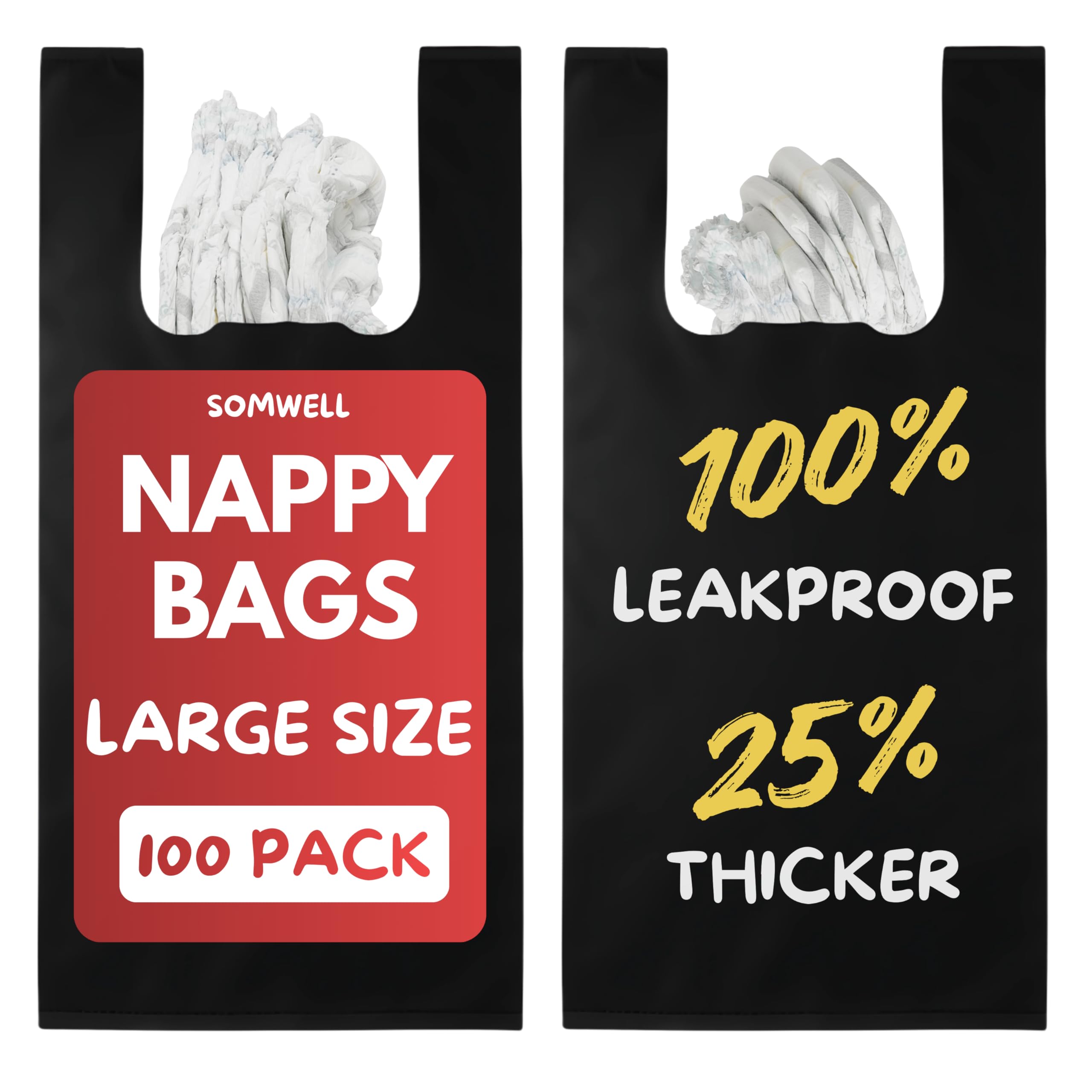 Somwell - Pack of 100 Adult Nappy Bags - 20% Thicker Bags, Easy Tie Handles, Discreet Black Plastic Sacks, Odour Free, Leakproof, Strong Sanitary Disposal (18 x 13 x 8")