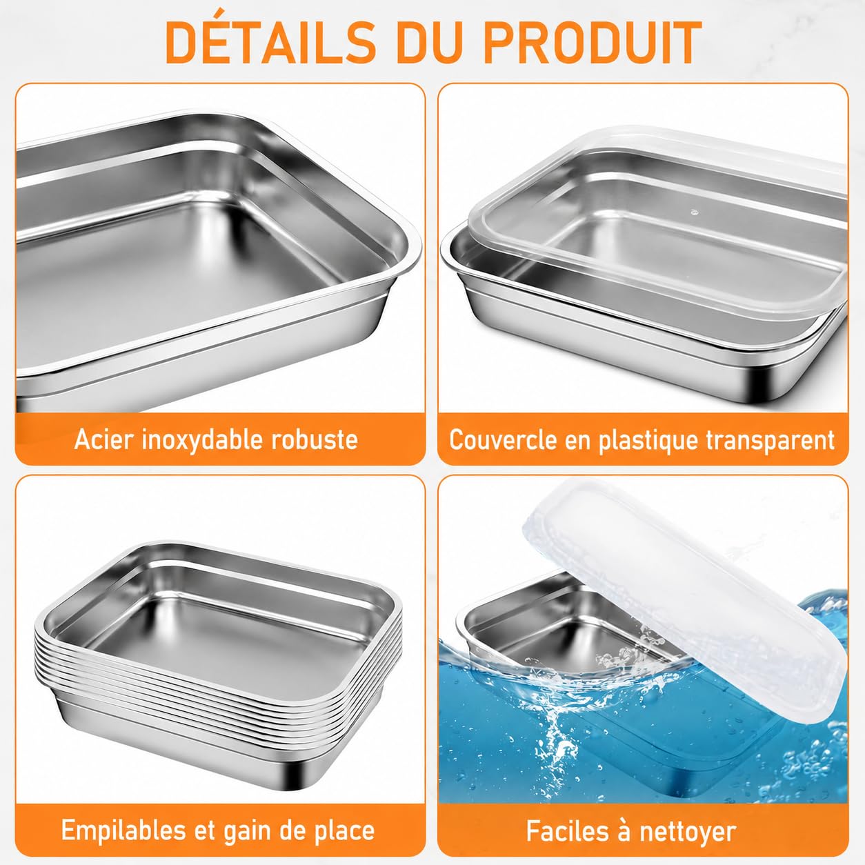 Lot de 8 Bacs Alimentaires en Inox 304 avec Couvercles, 31,5 x 21,5 x 6,7cm | Récipients de Conservation Compatibles Four et Congélateur pour Meal Prep, Buffet, Restauration et Cuisine