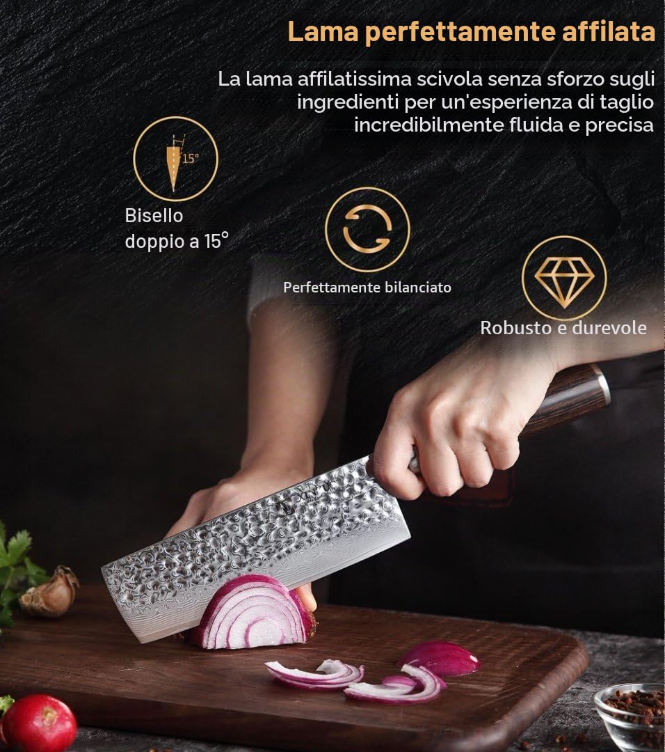XINZUO 17cm Coltello Nakiri da Cucina -67 Strati Acciaio di Damasco Coltello da Cuoco Professionali -Adatto per Tagliare Carne, Pesce, Verdura e Frutta -Manico in Legno di Pakka -He Serie