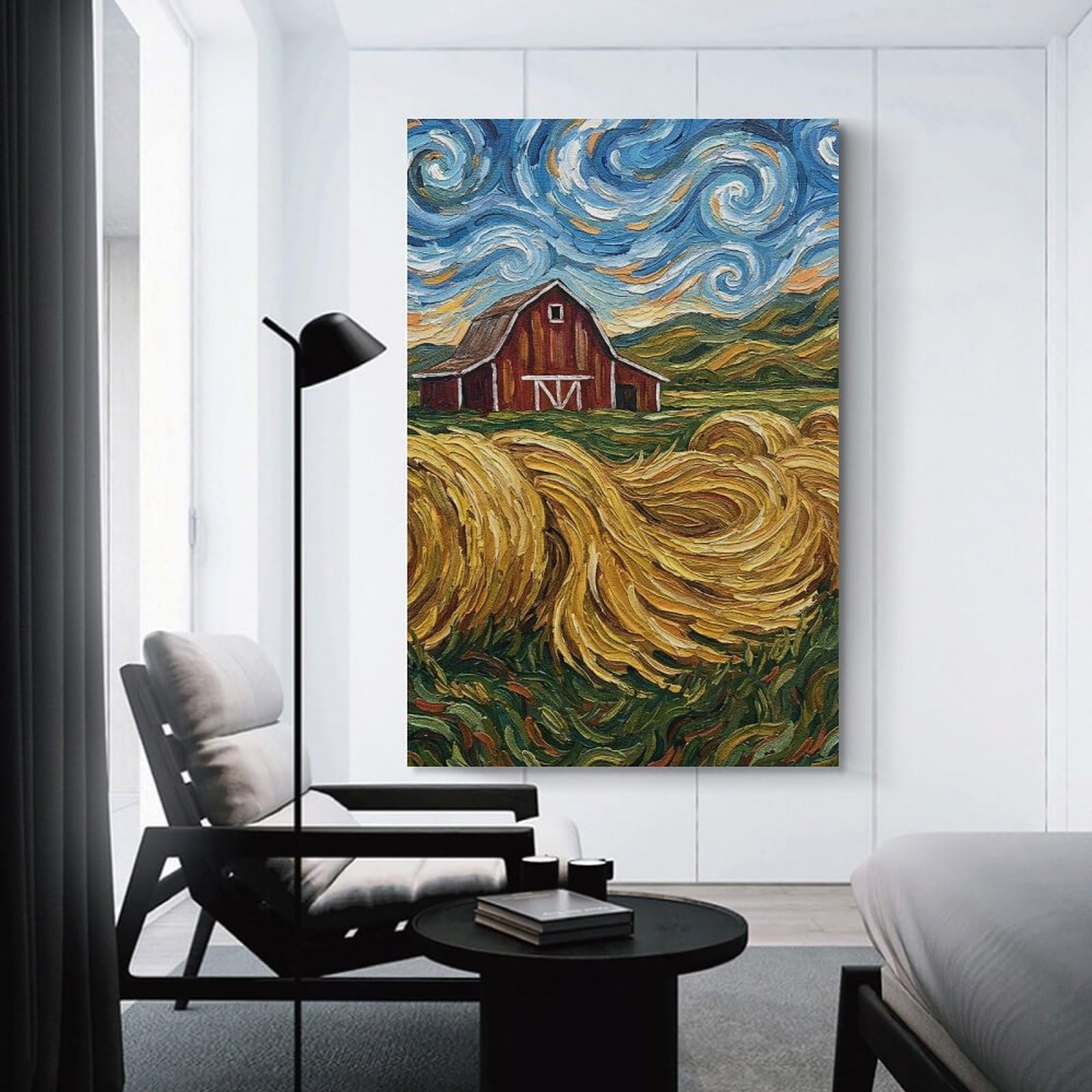 Junmoney Impressionistic Barn And Hay Bales Painting Wall Art Print, 08x12inch(20x30cm), for Study, Office Or Focused Interiors, Home Office Artwork with Decorative Appeal