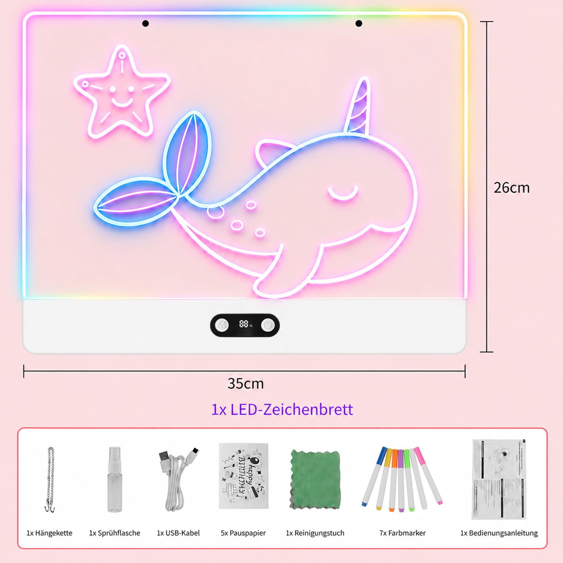 Lavagna da disegno a LED con indicatore digitale della batteria, 35 x 26 cm, lavagna acrilica (bianca) con 8 colori e 7 penne al neon, lavagna luminosa riscrivibile, per bambini, ufficio, bar e