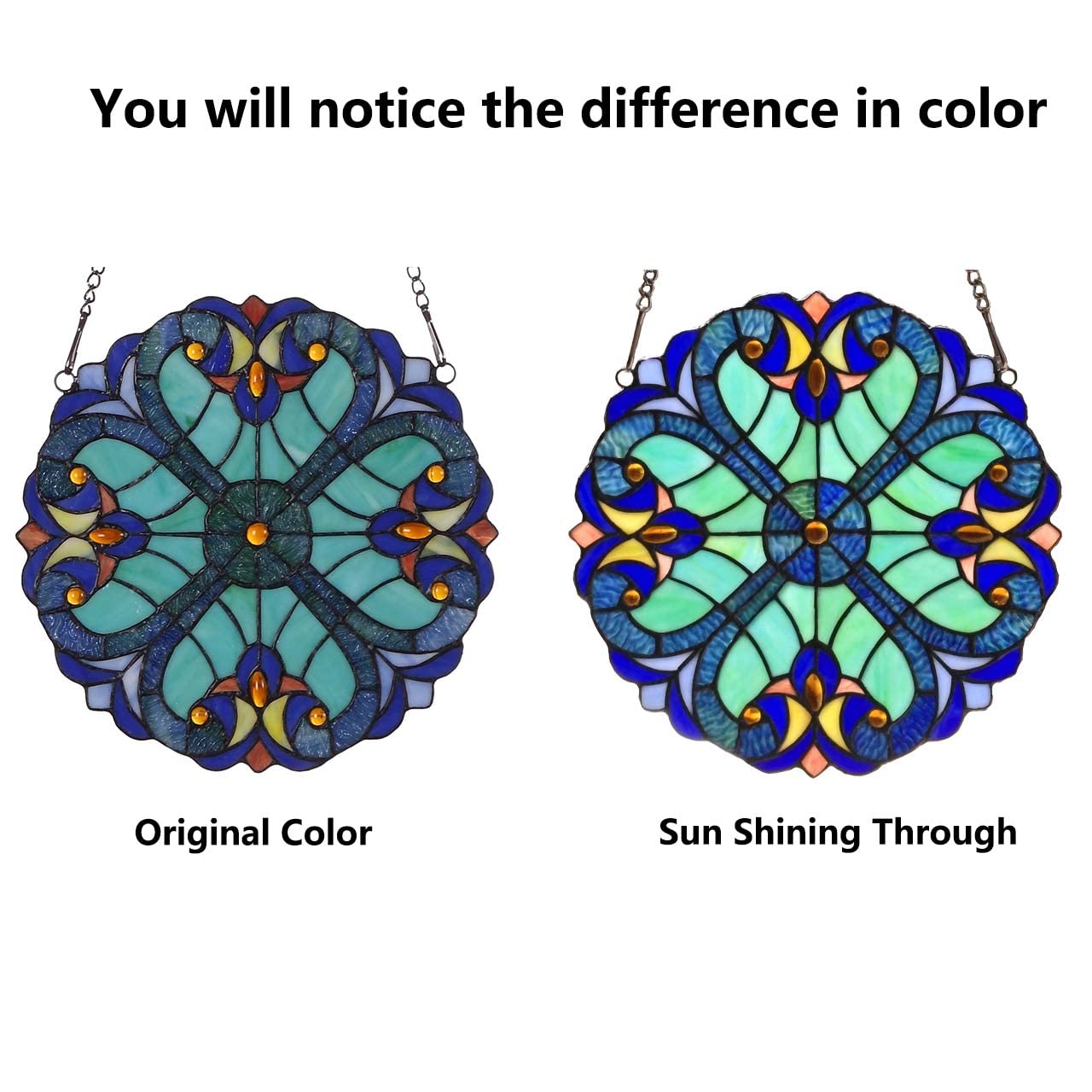 Bieye W10013 Victorian Tiffany Style Stained Glass Window Panel Hangings with Chain, 12-inch Wide, Blue