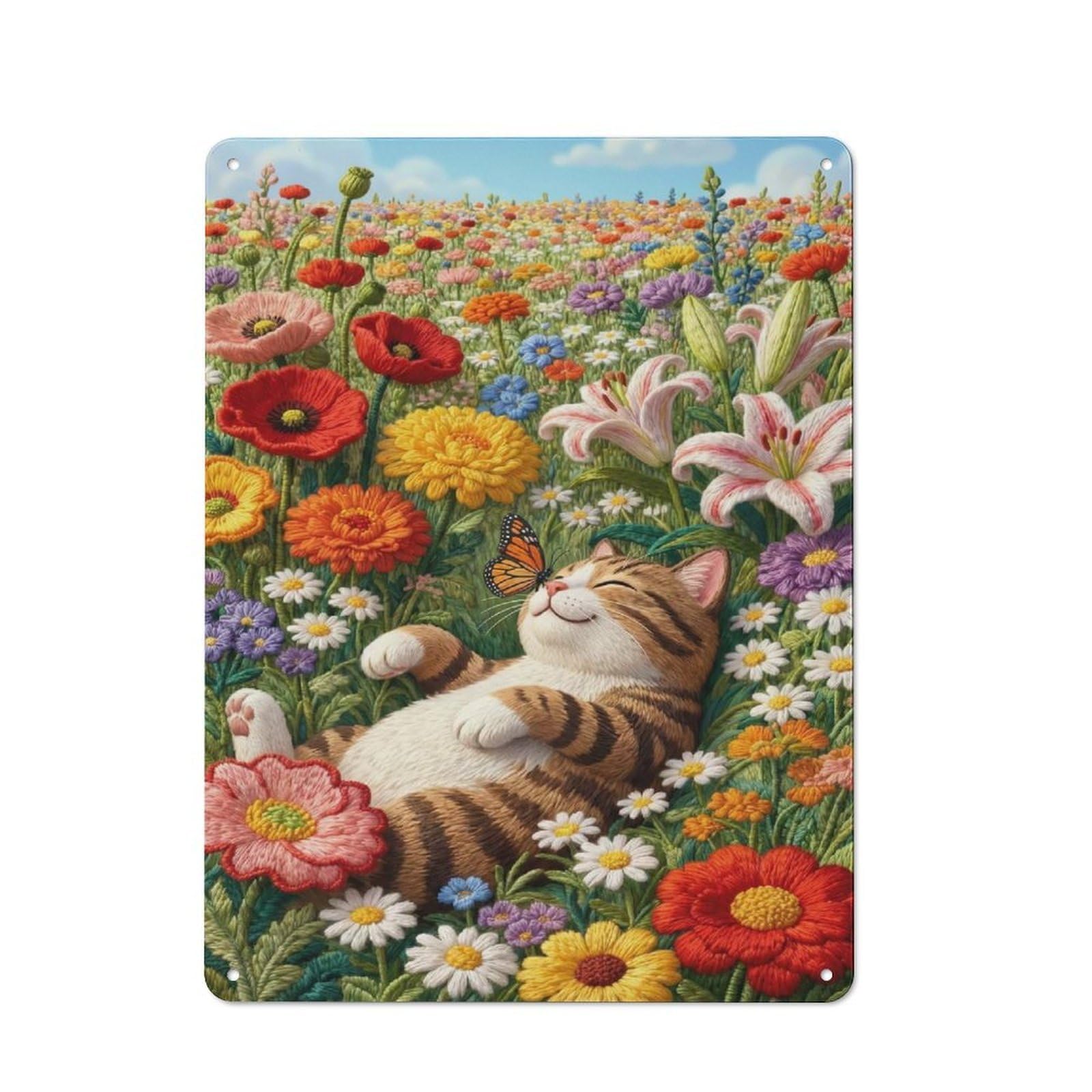 Junmoney Style-19 Cat Nap In Flower Field Metal Gift Sign 40X30cm, Vintage Home Wall Decor For Home, Shop, Pub Or Studio Wall