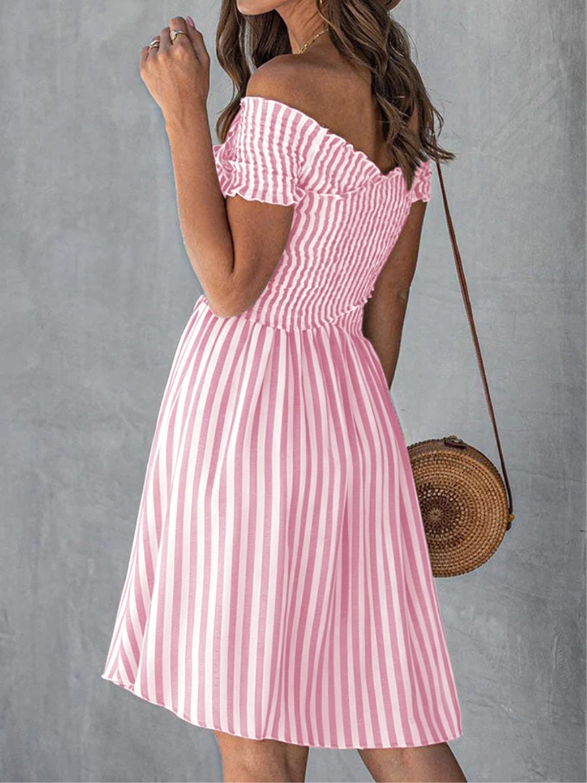 Abito Donna Nuova Estate Manica Corta Chic Mini Primavera A Righe Stampa Linea Vestito da Festa Sexy Criss-Cross Fuori Spalla Boho Abito-05 Gray-l