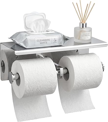 Miniatura 9 de Soporte de papel higiénico doble - Estante de rollo de papel higiénico de acero inoxidable con estante de almacenamiento