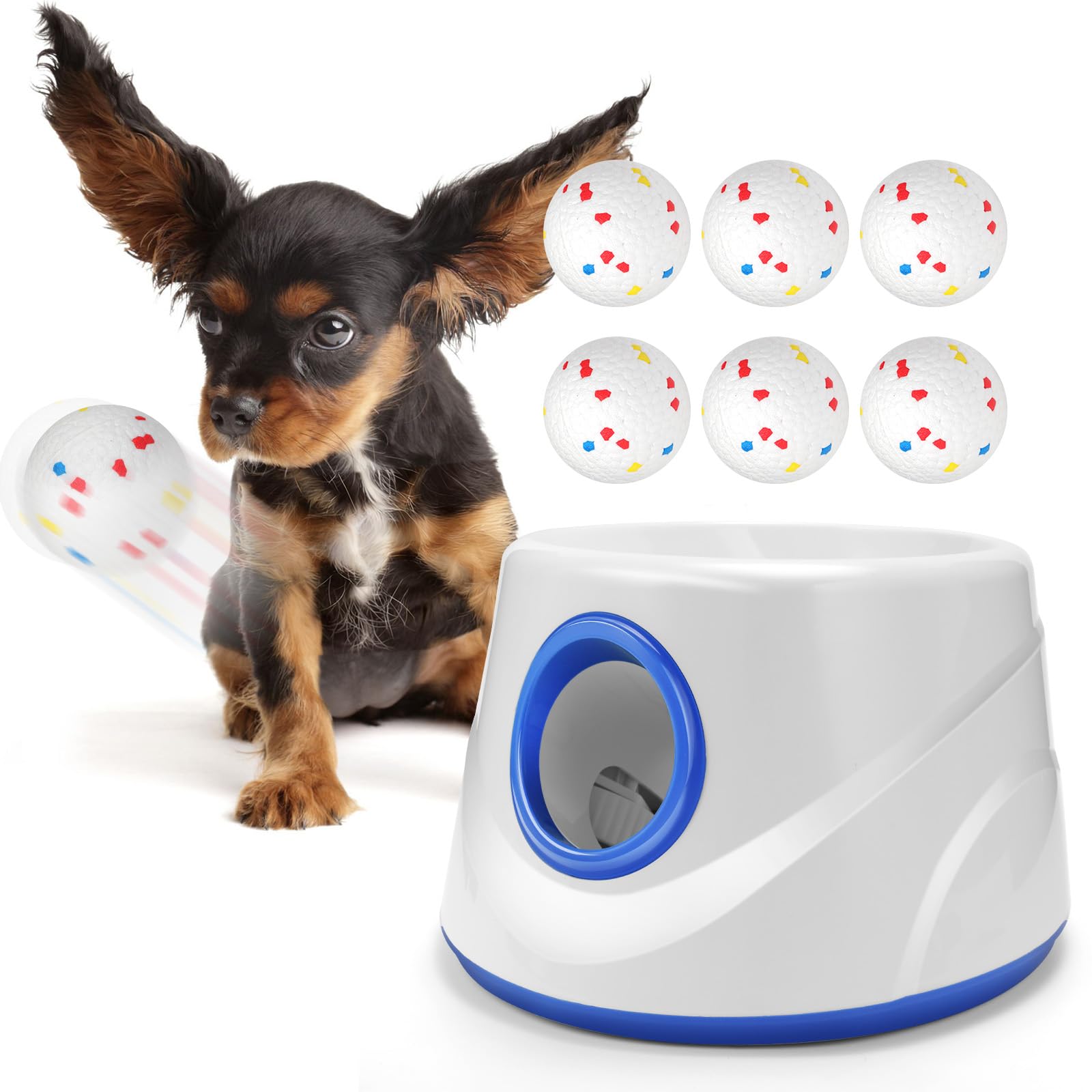 Lanceur de balles automatique pour chien, avec 6 balles ETPU, 5,8 cm (bleu)