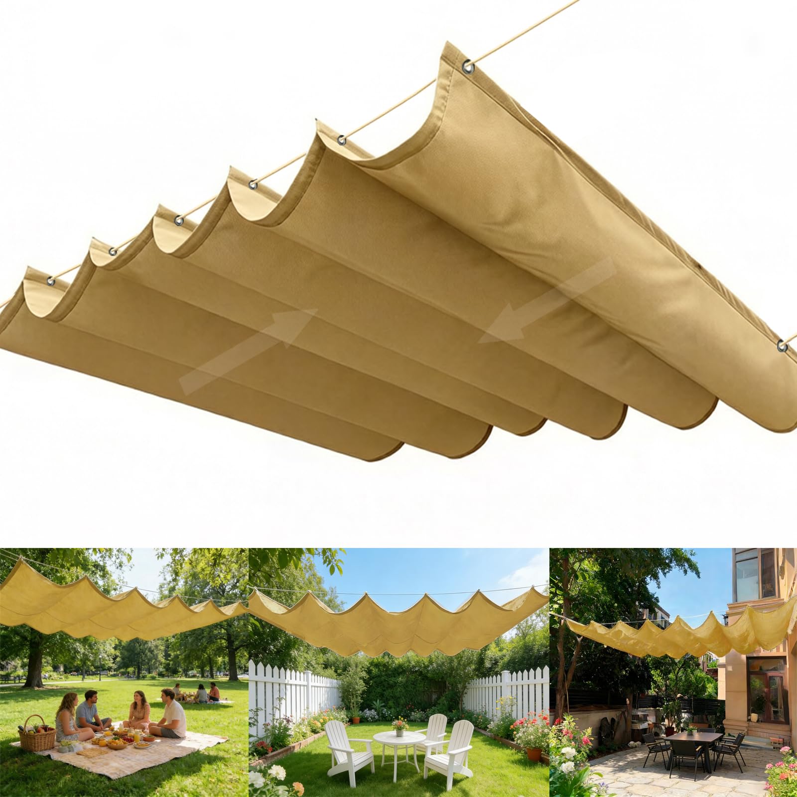 Retractable Wave Sun Shade Sail, Wave Awning Canopy with Eyelets and Rope, Adjustable Outdoor Sliding Canopy Cover Waterproof Outdoor Pergola for Garden Patio Yard-Beige||160x400cm