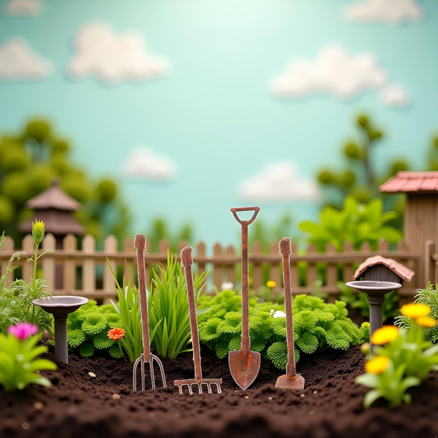 4 Pcs/Set Miniature Dollhouse Garden Tools 1:12 Mini Rusty Shovel Hoe and Pitchfork Fairy Garden Accessories Furniture Ornaments Micro Landscape Decor Garden Sculptures Statues Dollhouse Accessories - Image 3