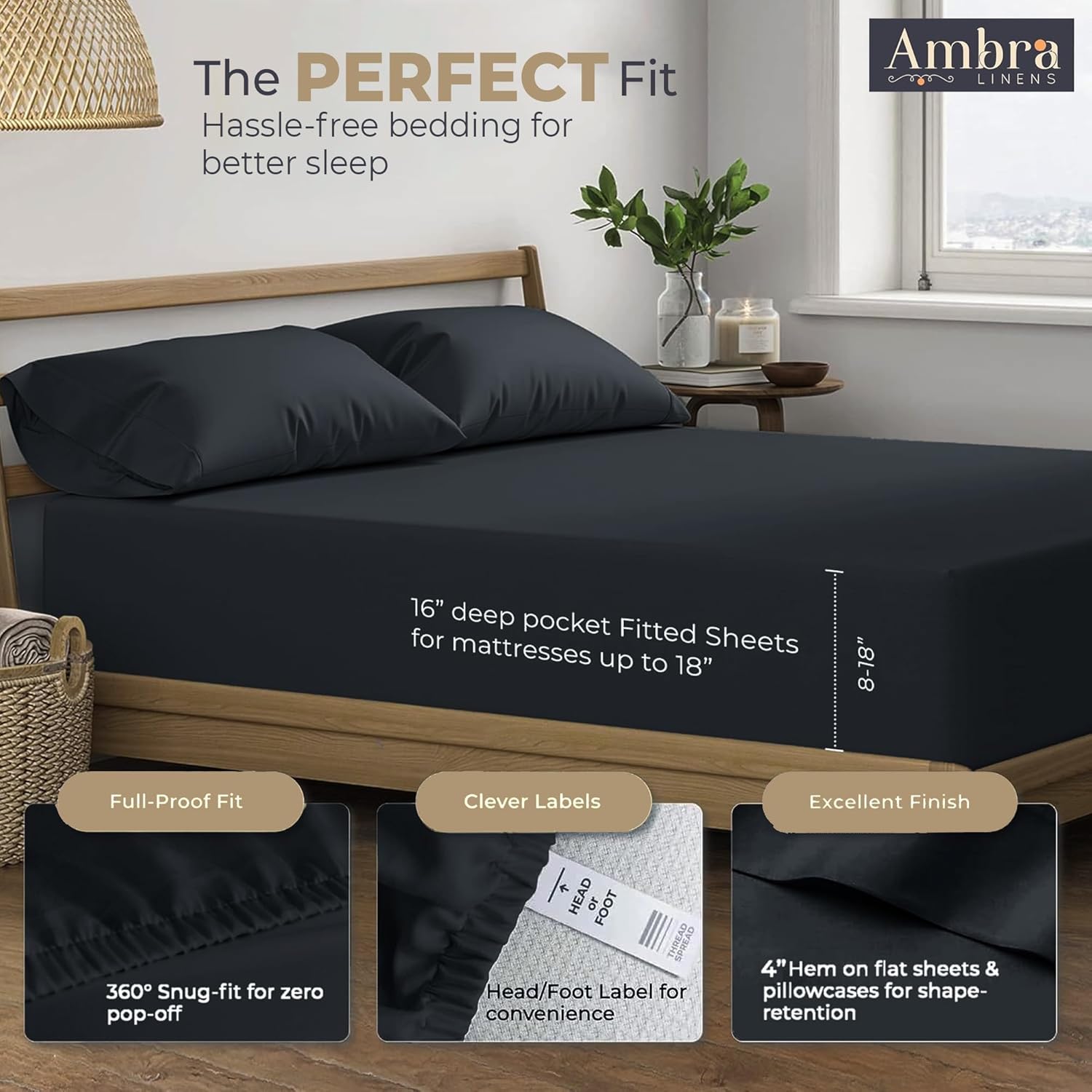 Tencel Sheets 3 Piece for Twin Size Bed - 100% Eucalyptus Lyocell Twin Sheets Set - Soft, Cooling & Breathable for Hot Sleepers - 16” Deep Pockets Hotel Quality Bedding Set - Black