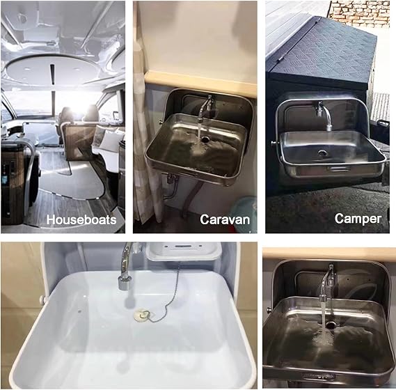 Stainless Steel Folding Sink with Cold Water Faucet, Wall Mount Hand Wash Basin Bar Caravan RV Sink, Small Outdoor RV Kitchen Sink (White 37 * 39 * 37.5cm)