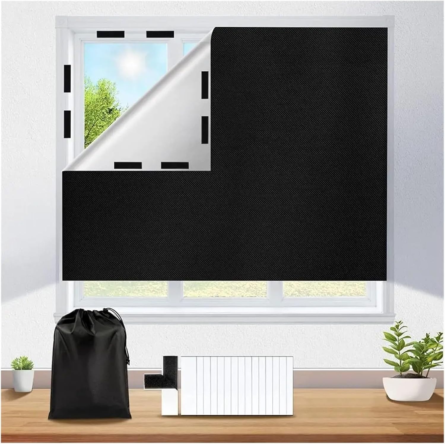 Blackout Blind Curtain Non-Perforated Thermal Insulated Shade Curtain Adhesive Portable Sticker Curtains for Window(150x100cm)