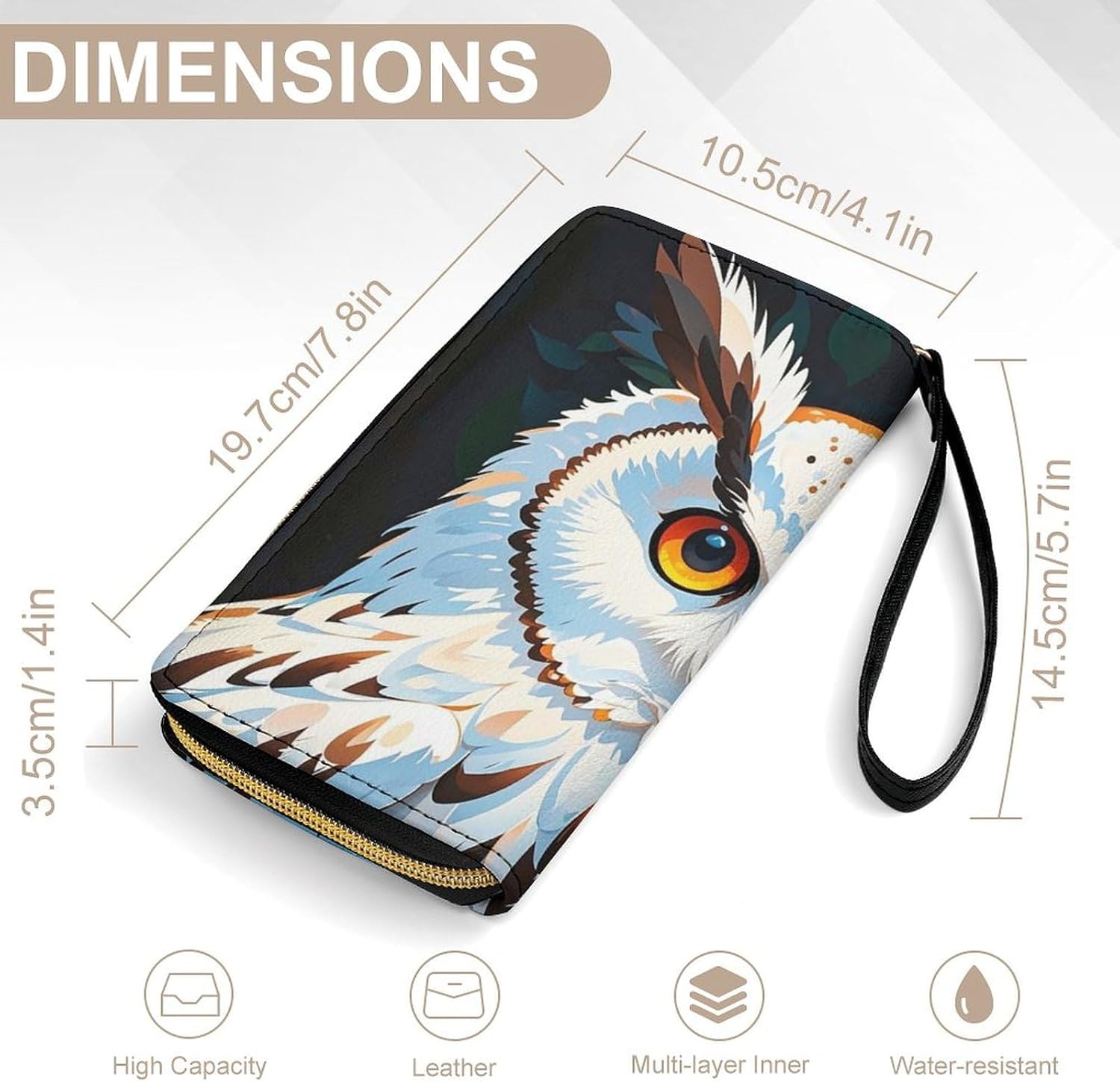 White Owl Themed Animal Leather Wallet for Men Women Slim Vertical Purse Long Wallet with Zipper Card Holder
