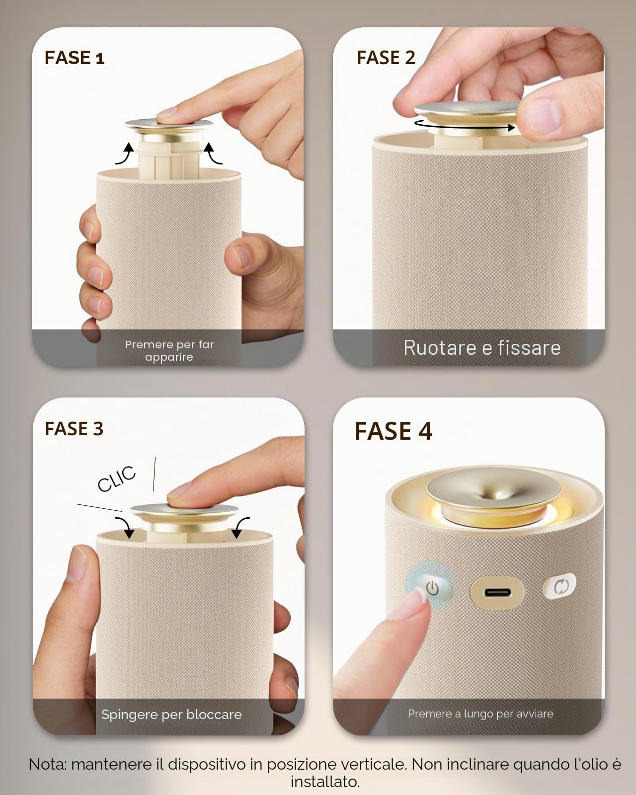 Diffusore di Oli Essenziali Senza Acqua – Nebulizzatore Aromaterapia Puro a Freddo Ricaricabile per Casa. Profumatore Ambiente Wireless con Design in Tessuto Premium e Batteria a Lunga Durata - Beige