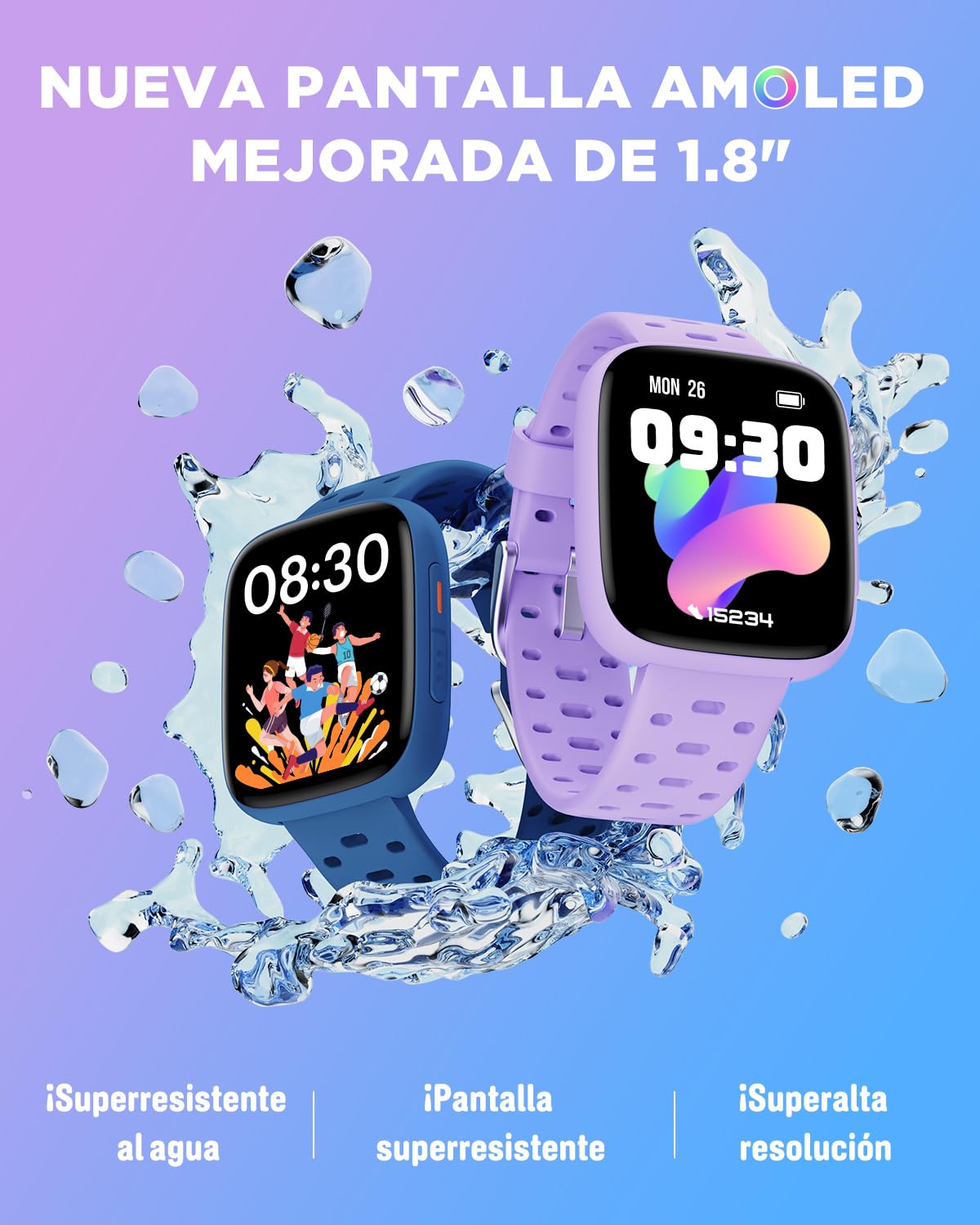 BIGGERFIVE Reloj Inteligente Niños Niñas, 1,8" Amoled Pulsera Actividad | Podómetro, Frecuencia Cardíaca, Resistente al Agua 30m, Monitor de Sueño, Despertador, Juegos con/sin App, Lila