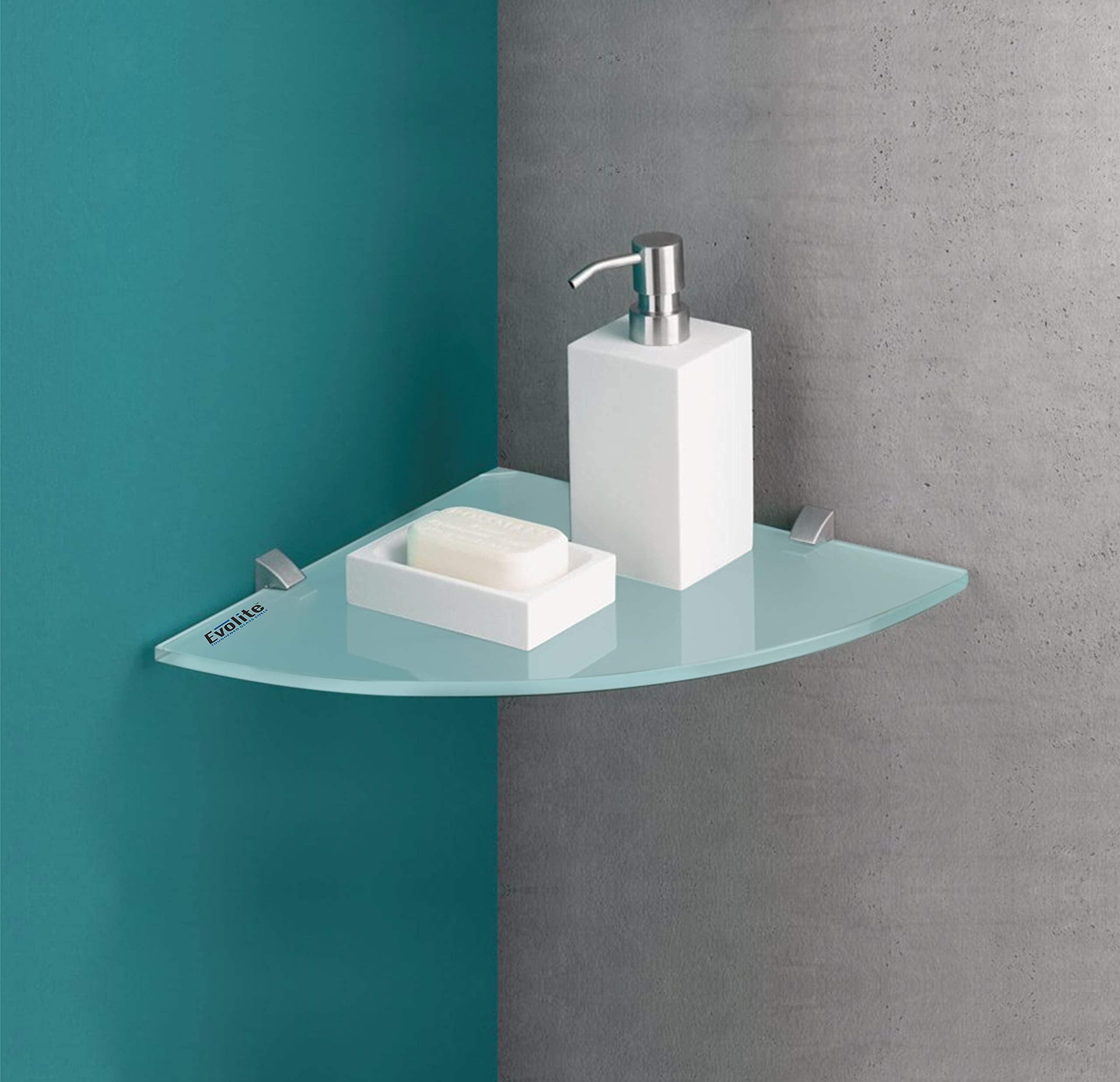 Evolite Premium Tempered Glass Corner for Bathroom Kitchen and Wall Mount Storage Accessories with Fitted Brackets for Home Decor - 6mm Toughened Frosted Glass Shelf (9x9 inch)(Pack of 1)
