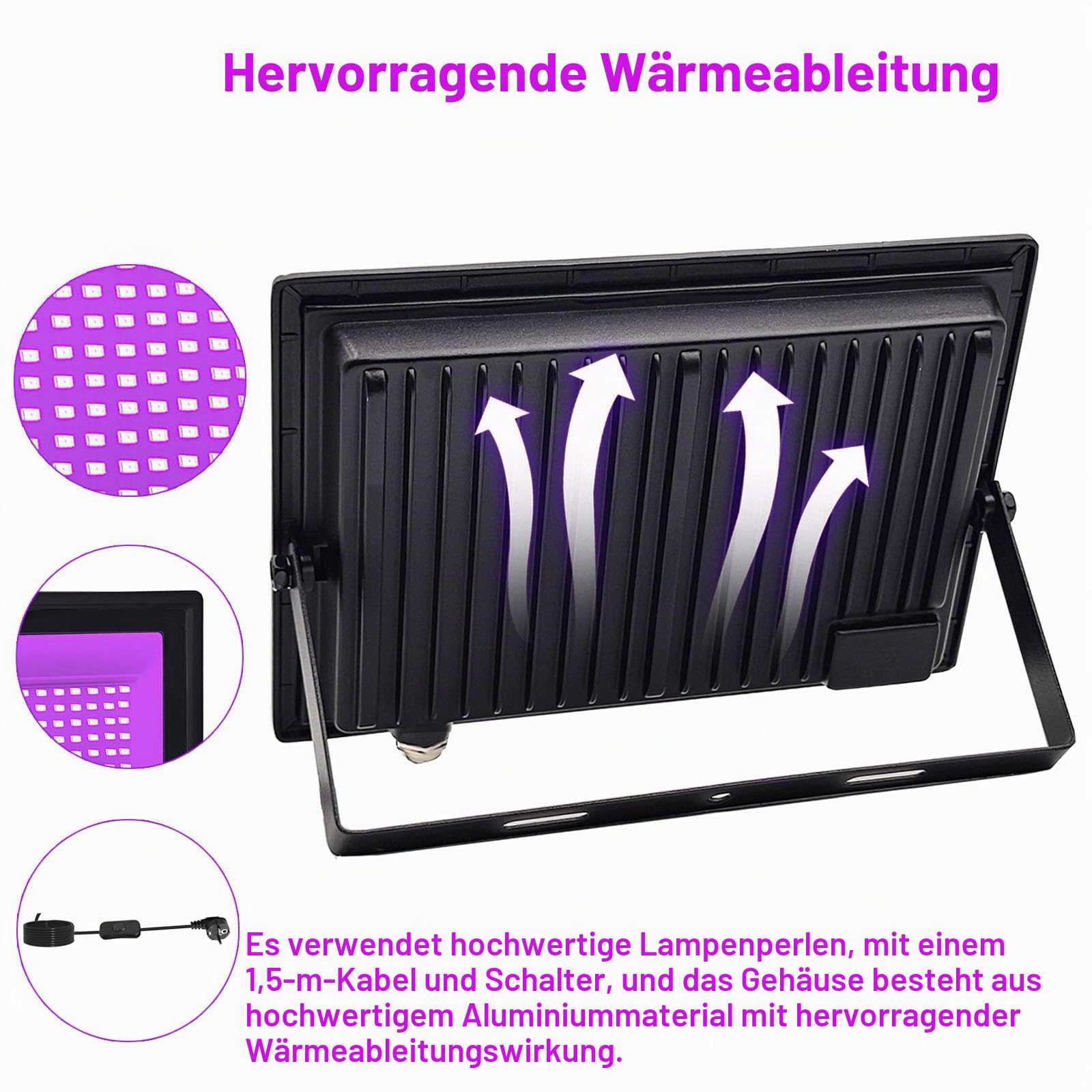 2 Stück 300W LED Schwarzlicht Strahler, IP66 UV Schwarzlicht Fluter, 395-400nm LED UV Strahler, UV Licht mit Schalter Für Halloween Dekorationen,Party Deko, Weihnachten, Neon Glühparty, Körperbemalung