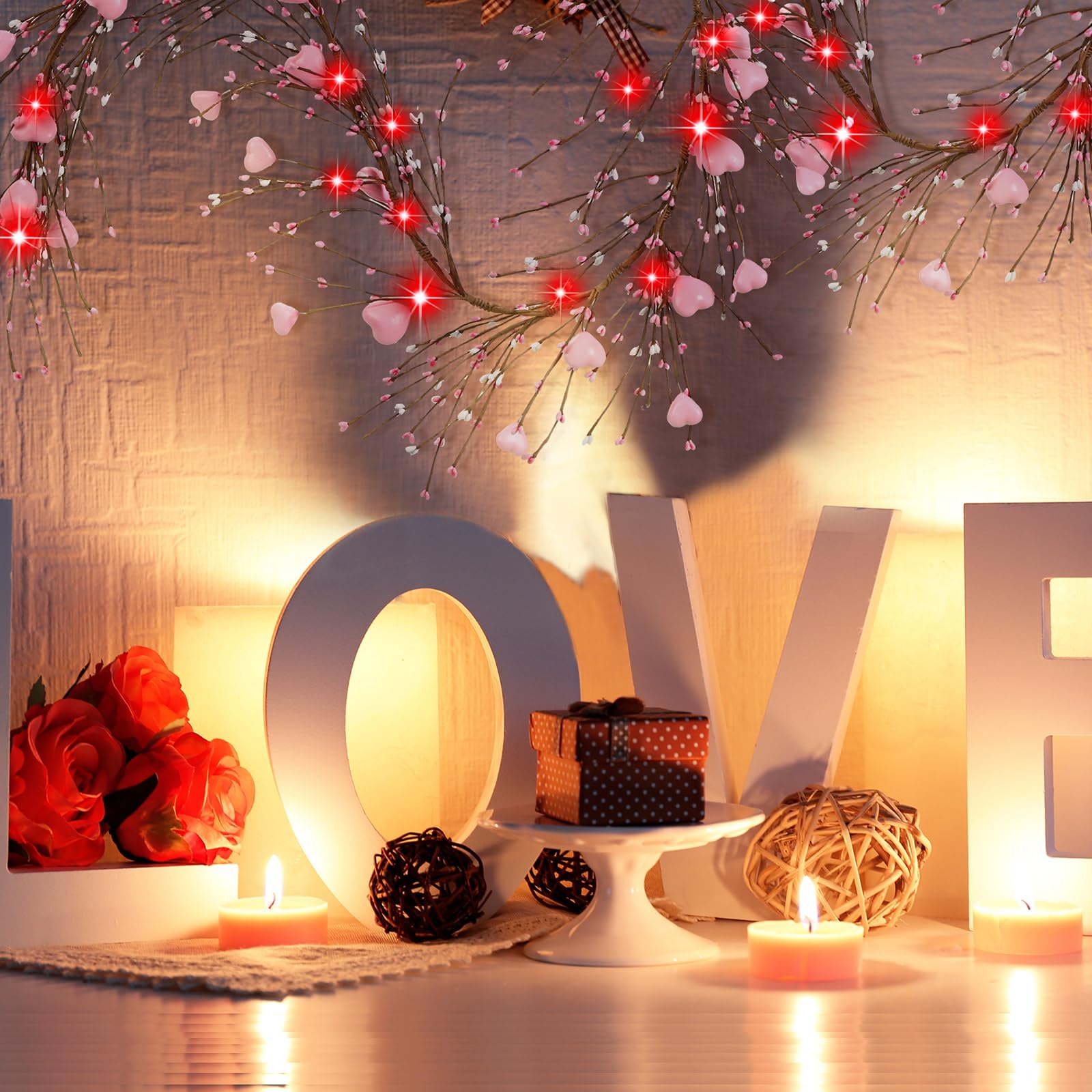 Yuxung 4.5ft Valentine's Day Pip Berry Garland with 30 Fairy Lights Decorative Valentine's Day Garland Cherry Blossom Garland LED Christmas Lights for Valentine's Day Wedding Party (Pink)