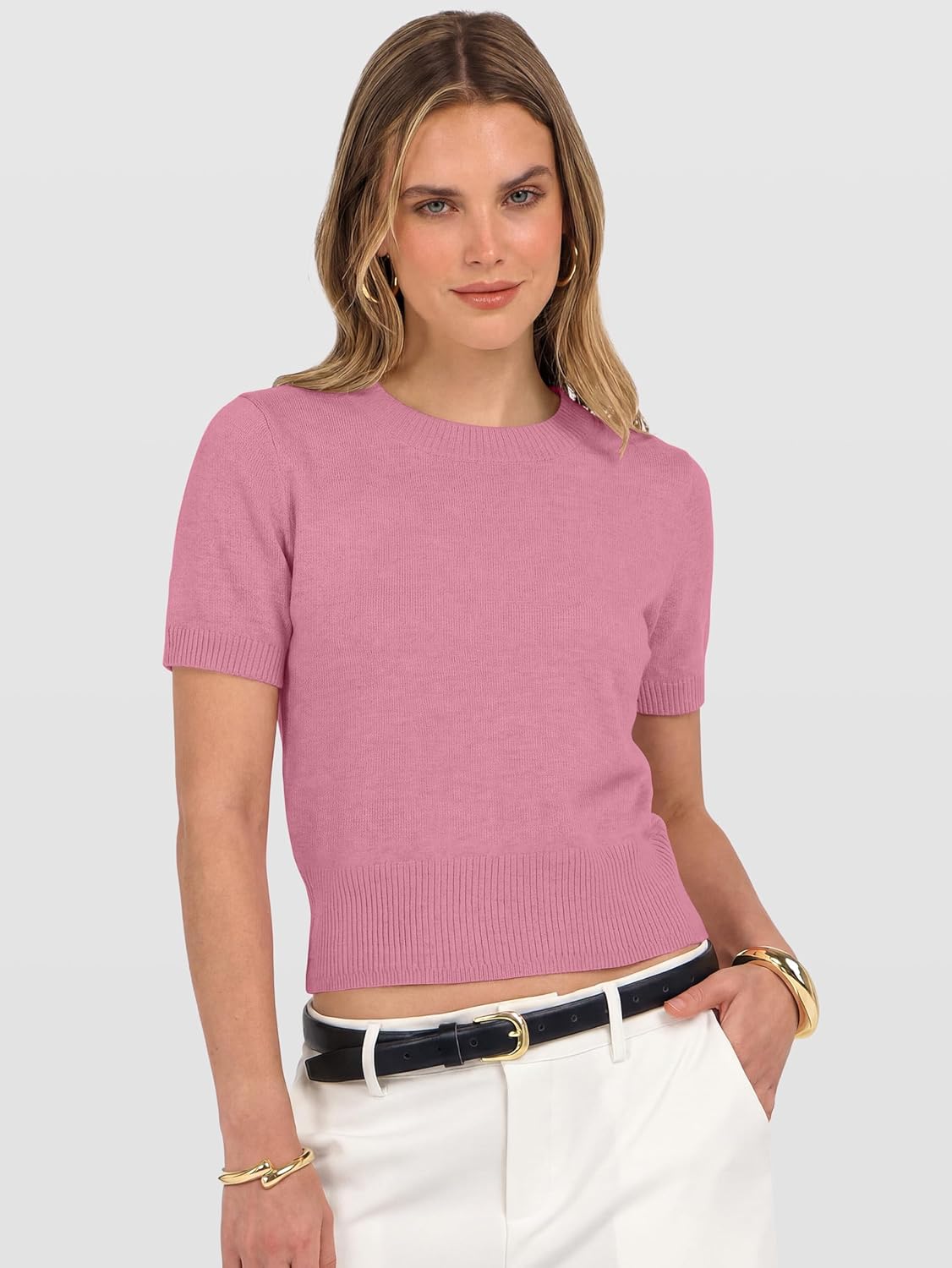 ANRABESS Womens Short Sleeve Sweaters Cropped Crew Neck Business Casual Lightweight Sweater Tops 2026 Spring Summer Outfits