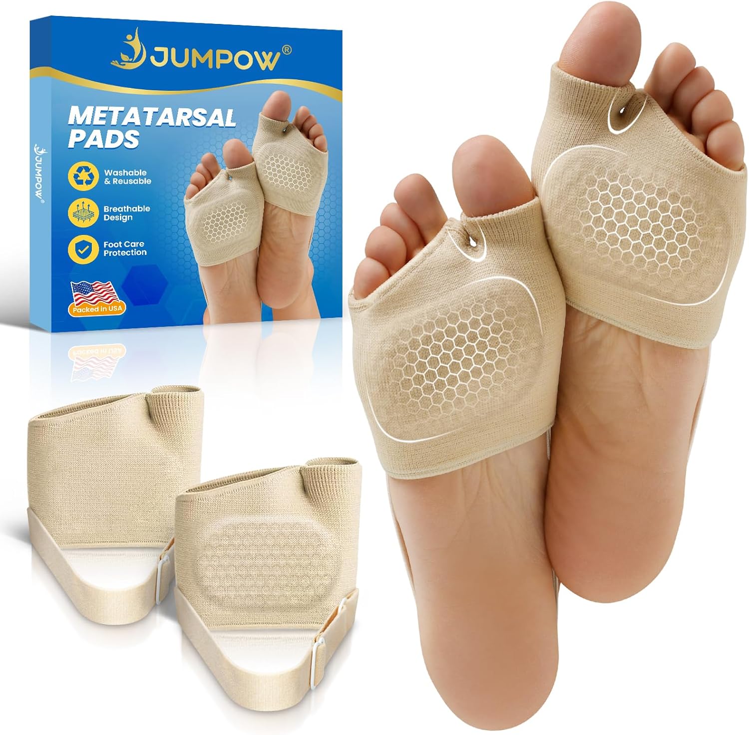 JUMPOW Metatarsal Pads for Women & Men - 2 Pairs Non-Slip Ball of Foot Pain Relief Cushions for Morton's Neuroma, Metatarsalgia, Extra Thick Gel Pads & Adjustable Straps(Large)