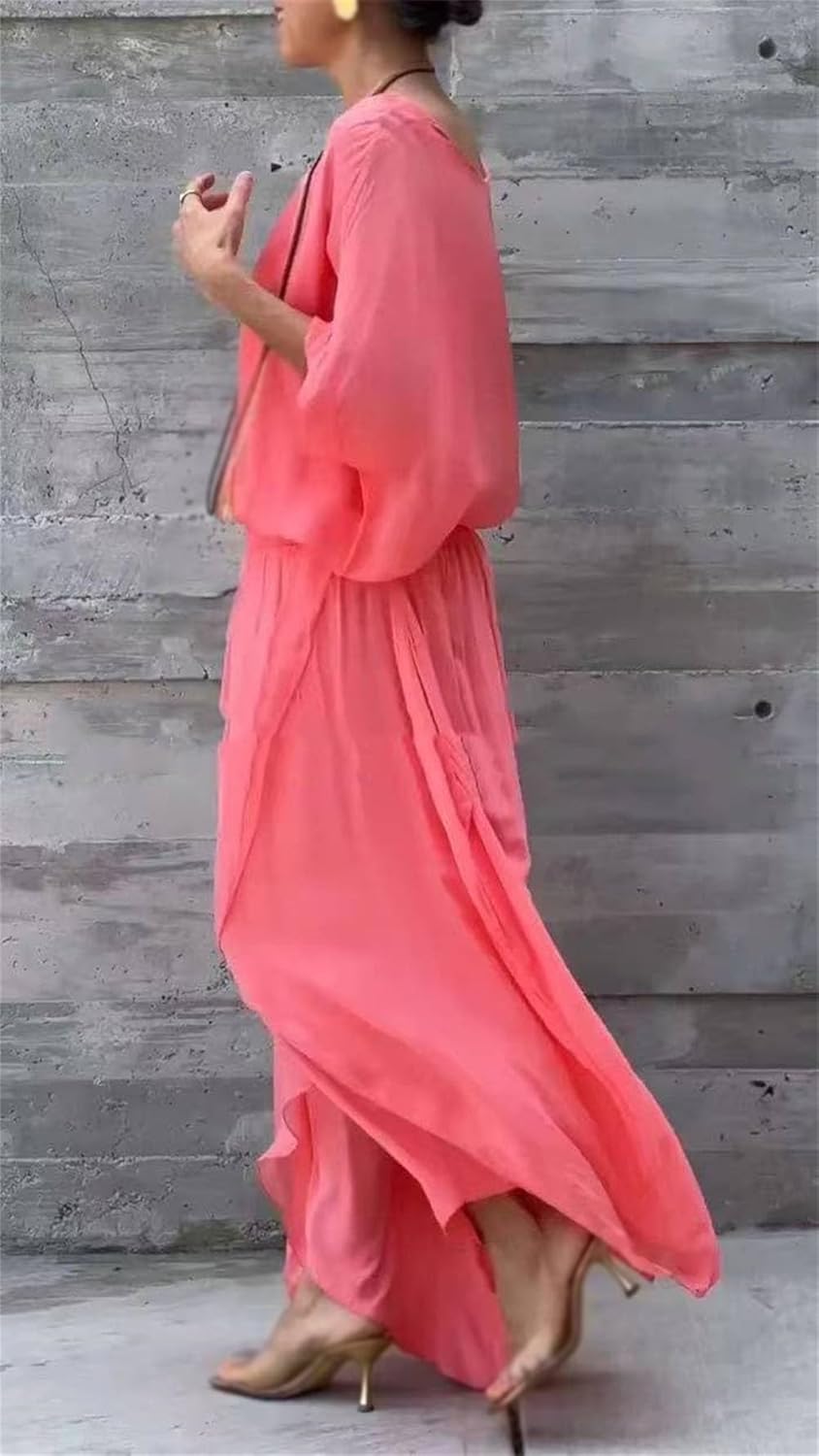 Women's Round Neck Slit Flowing Comfortable Casual Suit, Womens 2 Piece Outfits Wide Leg Pants Set
