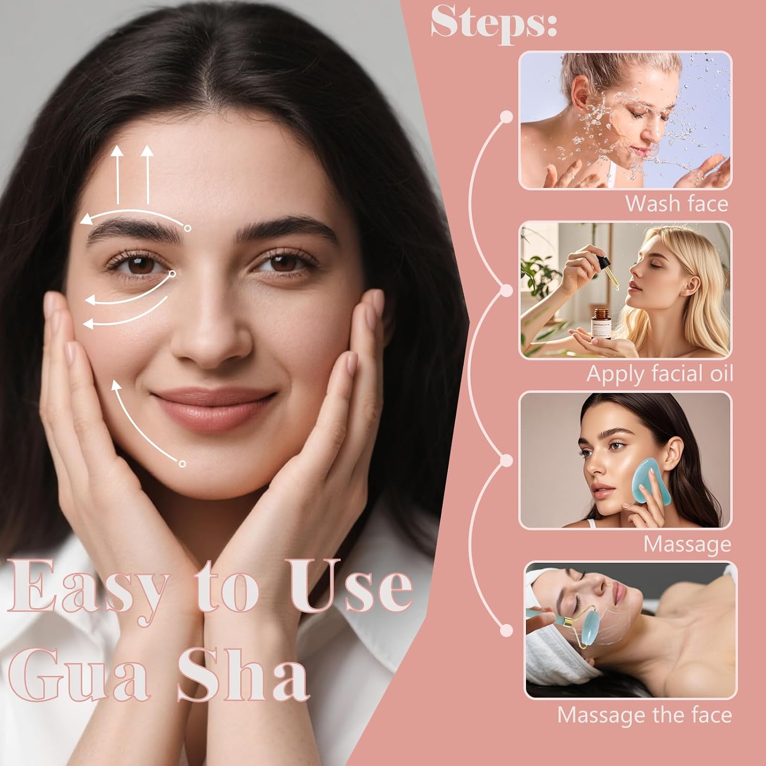 Jade roller and gua sha, facial roller, women's skincare tool, self-care gift, face, eye, neck massager, relieves fine lines and wrinkles, aventurine, opal, rose quartz