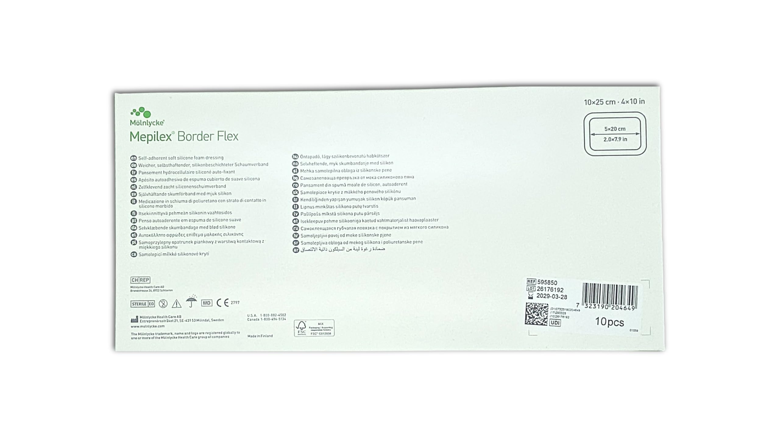 Mölnlycke Mepilex Border Flex 10x25 cm | Medicazione Flessibile in Schiuma di Silicone | Per Lunghe Incisioni | 5 Pezzi